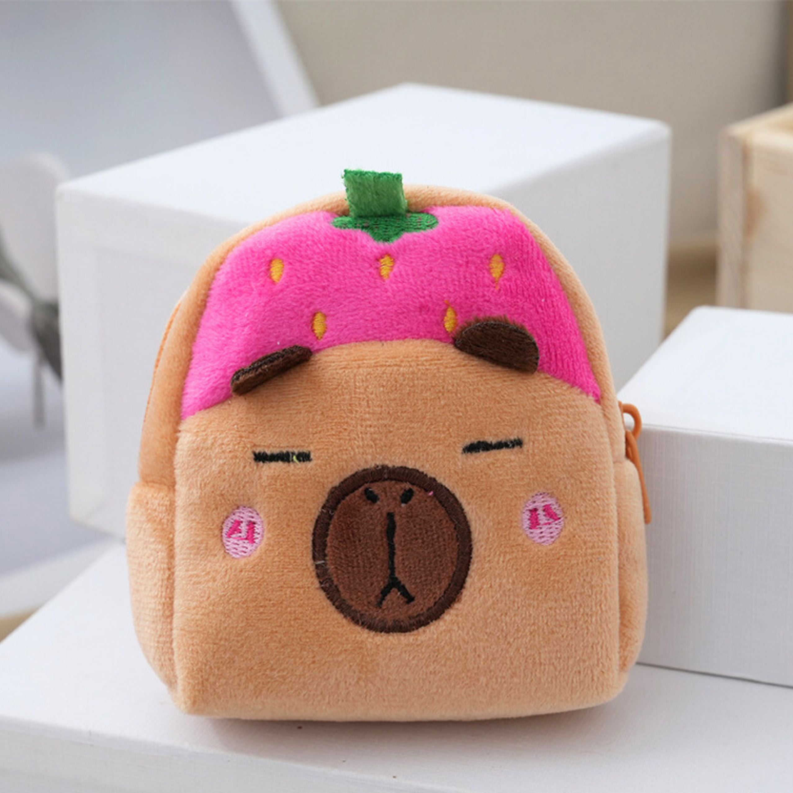 Plush Wallet With Keychain Capybara Strawberry Pink 9.5 X 8 Cm