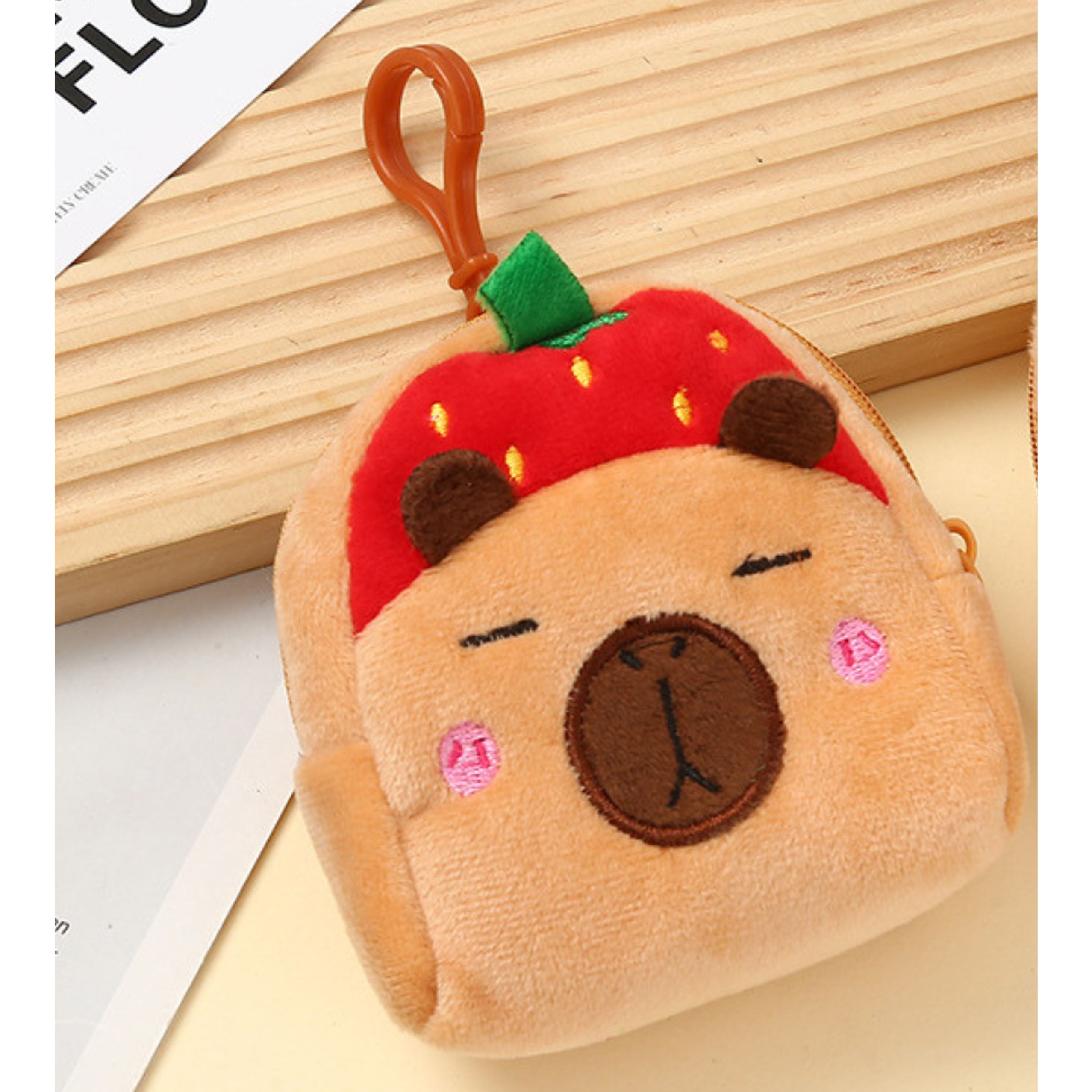 Plush Wallet With Keychain Capybara Strawberry Red 9.5 X 8 Cm