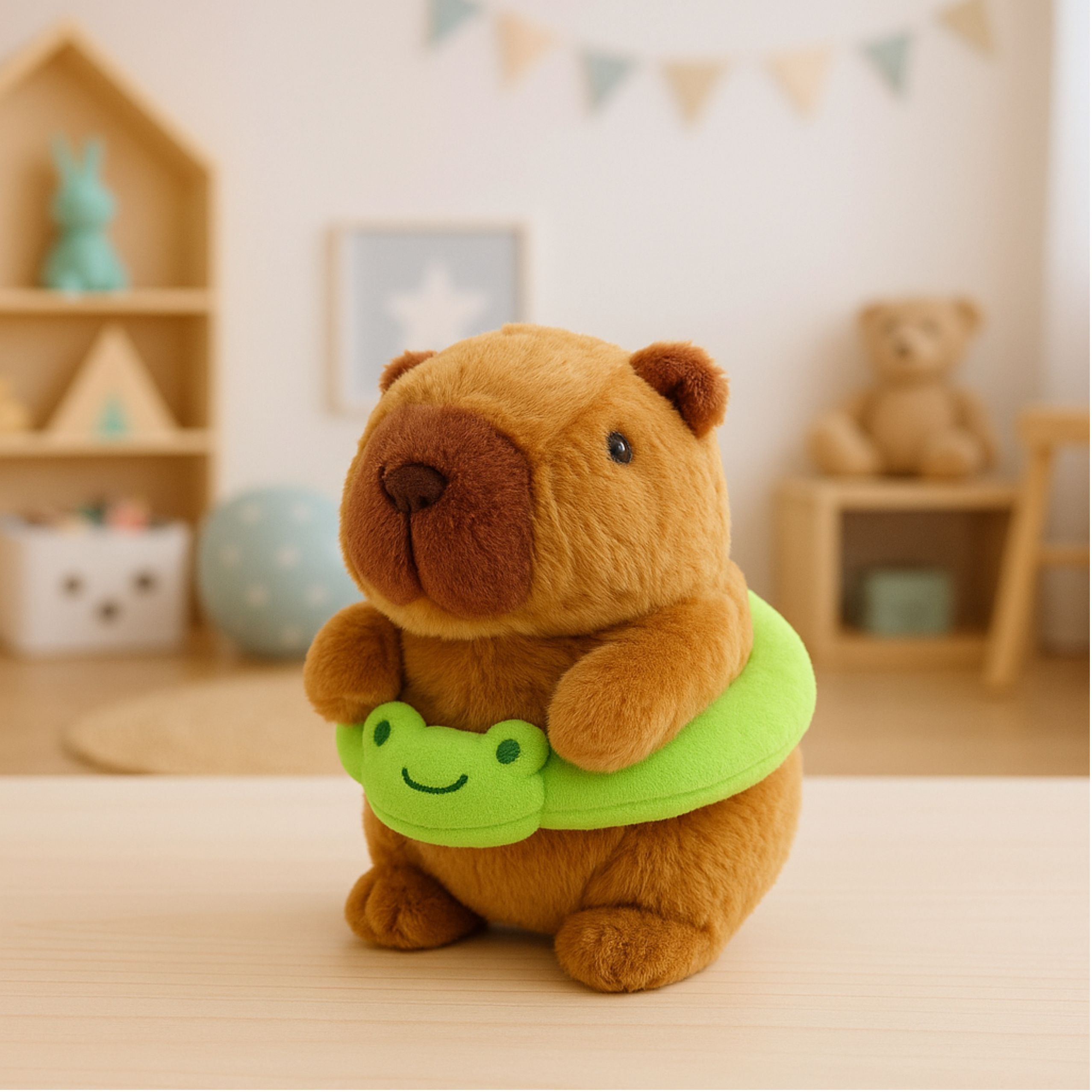 Plush Capybara Green Lifebuoy With Frog Brown 20cm