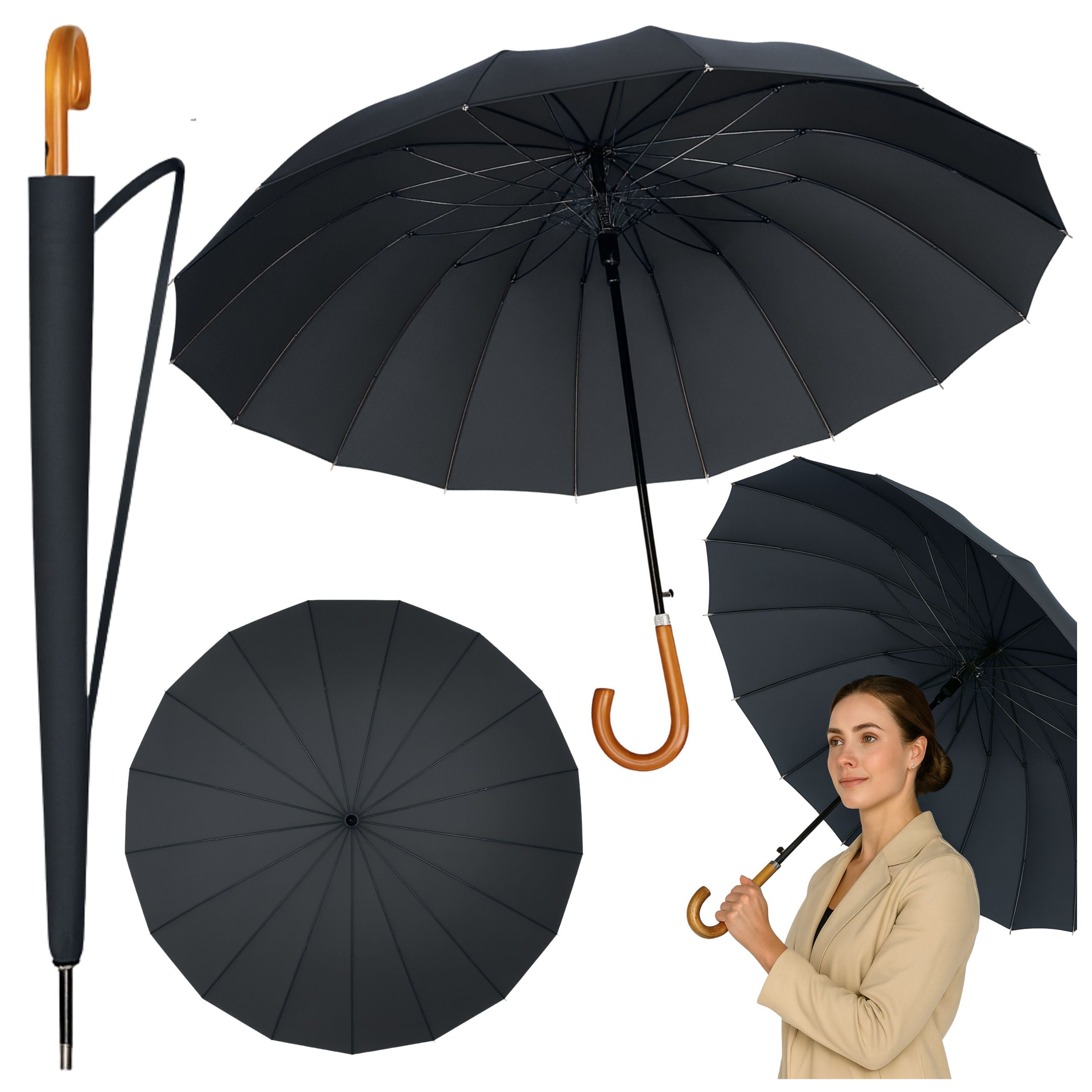 Large Automatic Umbrella With Arm Cover 24-rib Black 115 Cm