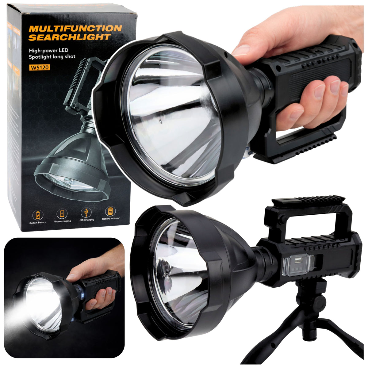 Large Flashlight Spotlight With Tripod Led Searchlight W5120 Powerbank 31 Cm