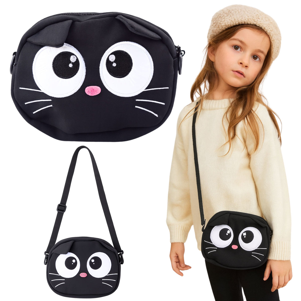 Bolsa para gato com bolso com zíper alça ajustável preta 21 x 16 cm