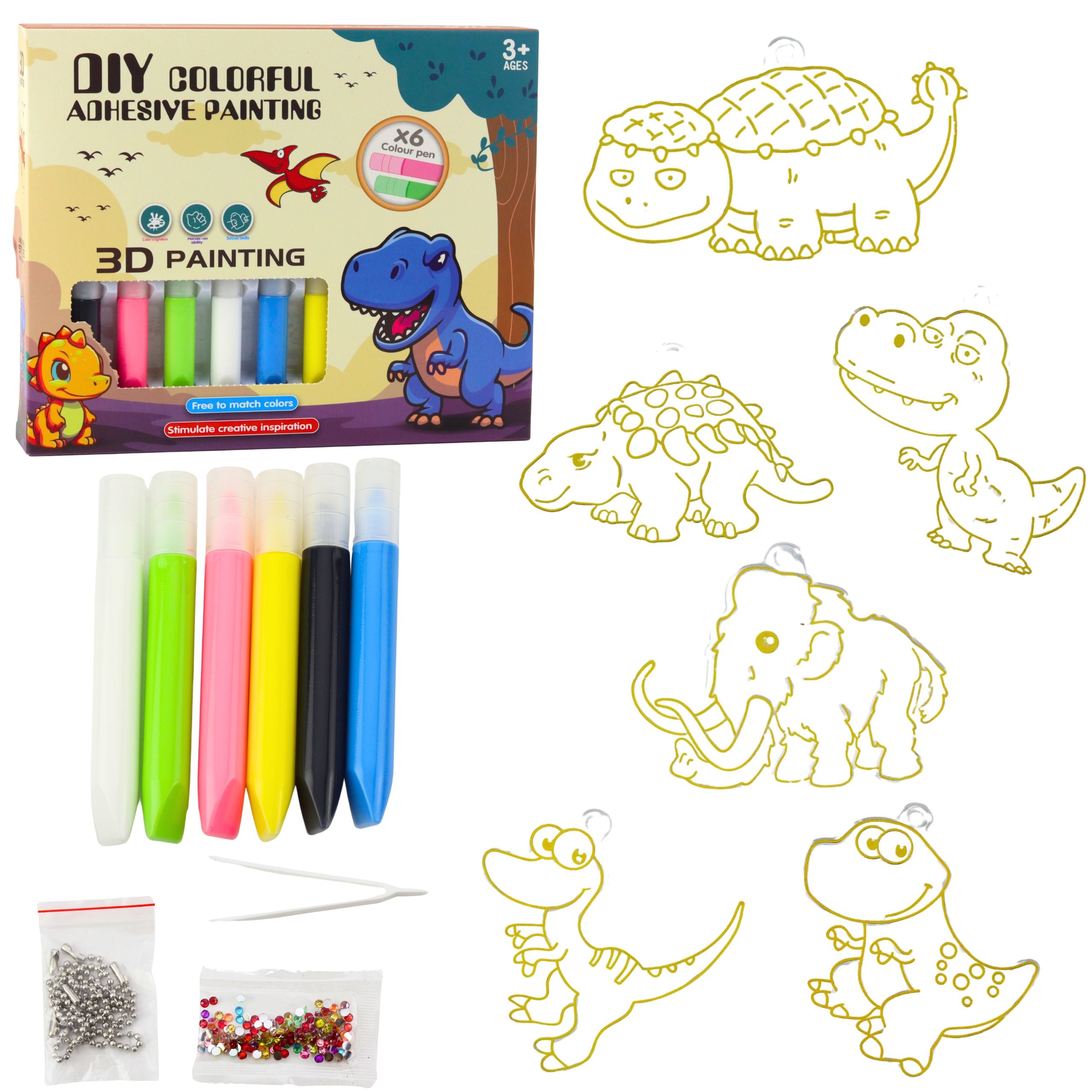 Diy Creative Set Stained Glass Keychains Dinosaurs Markers 6 Pcs.