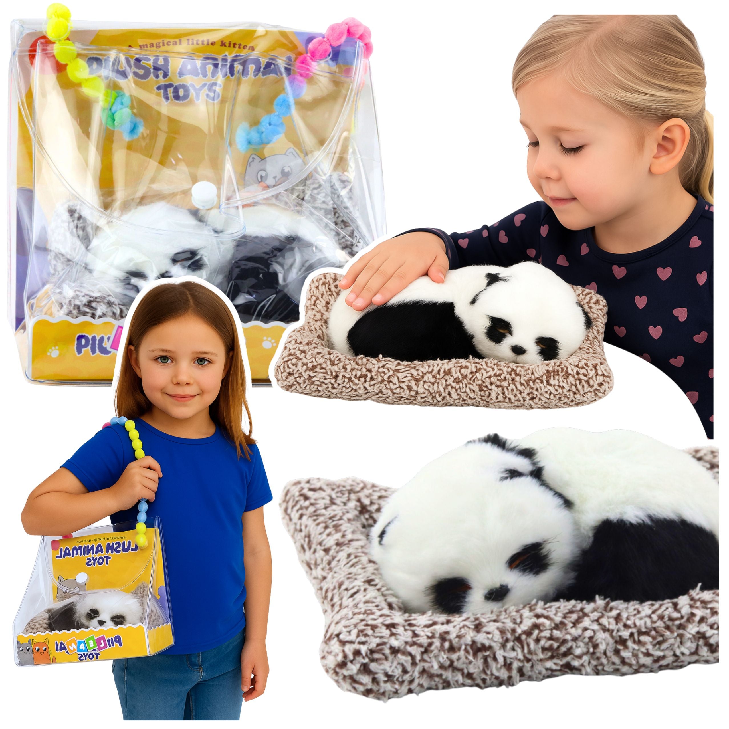 Sleeping Panda On A Pillow Figurine With Fur And Transparent Bag