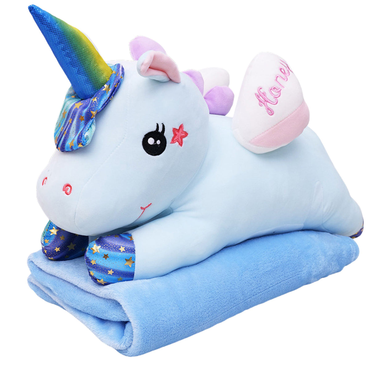 Plush Unicorn Cuddly Toy With Blanket 160x110cm Blue 55cm