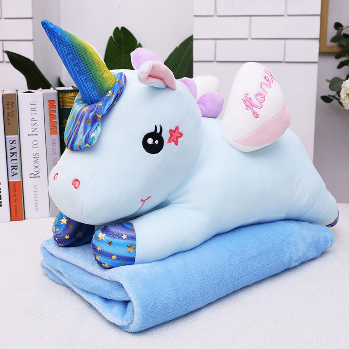 Plush Unicorn Cuddly Toy With Blanket 160x110cm Blue 55cm