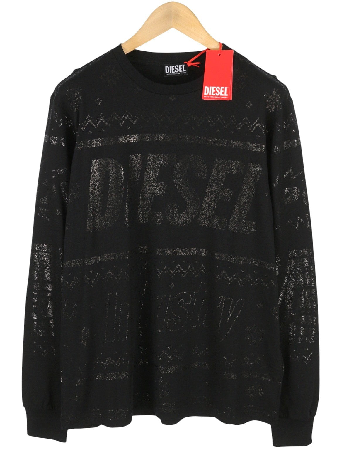 Diesel T-just-ls-cx11 Men T-shirtblack Shiny Pattern Crew Neck Long Sleeved