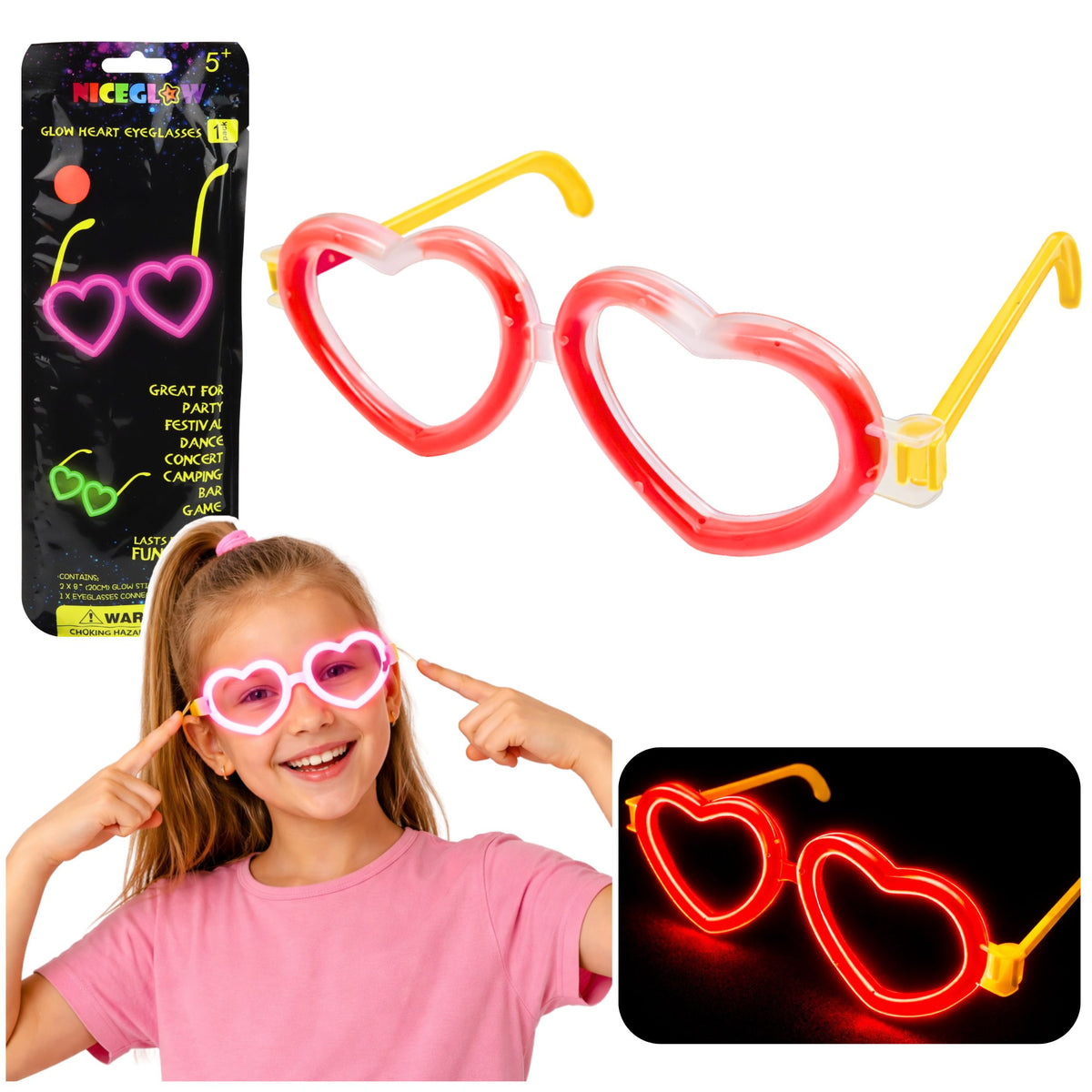 Fluorescent Heart Glasses Glow In The Dark Stick Neon Red