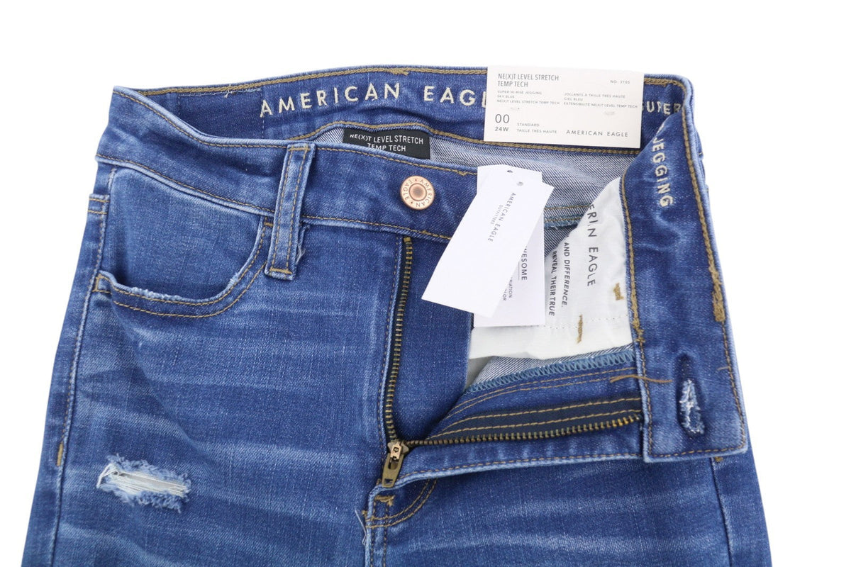 American Eagle Outfitters Супер високи джегинги Небесносини дамски дънки с разкъсани