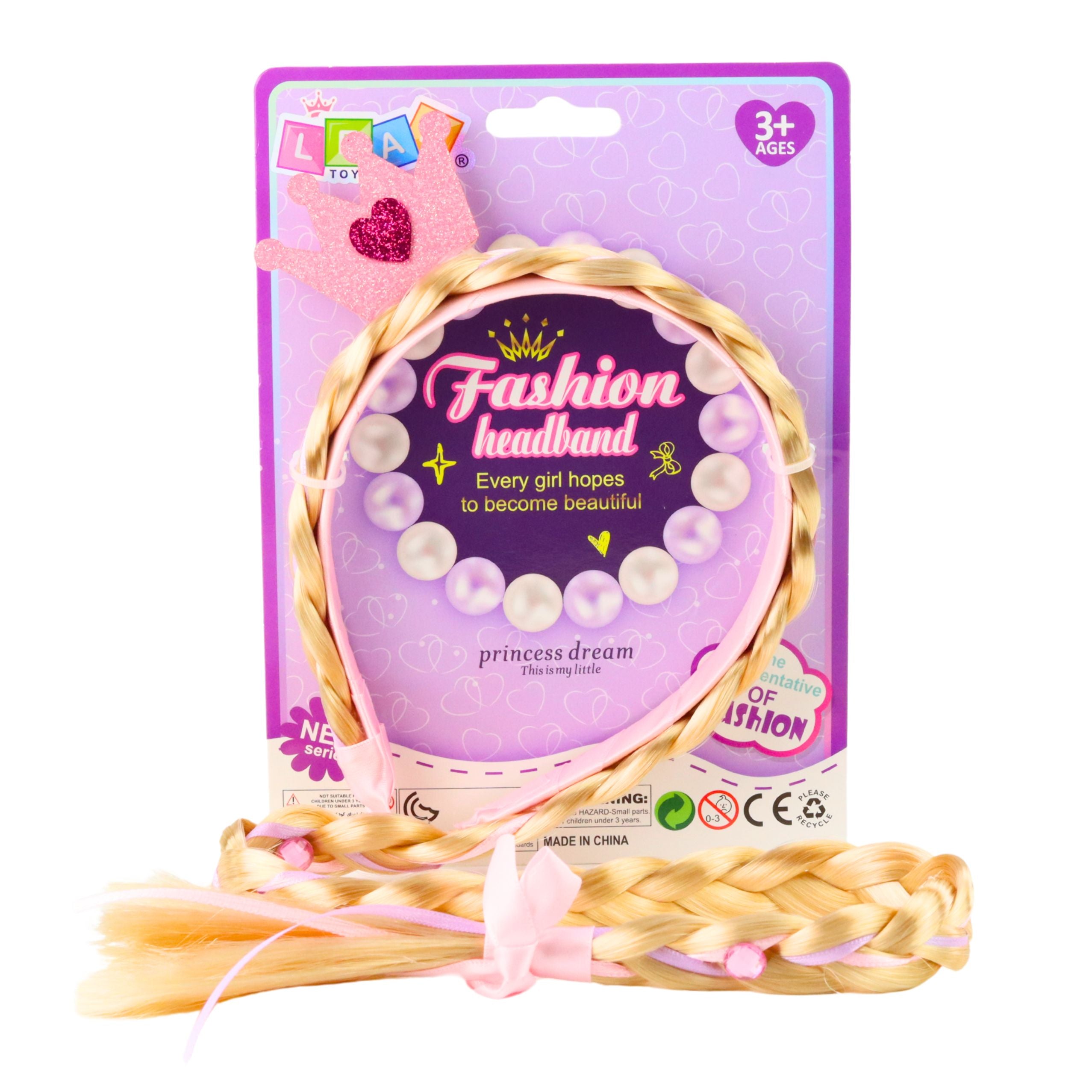 Headband With Long Braid Pink Ribbon Diamonds Crown 50 Cm