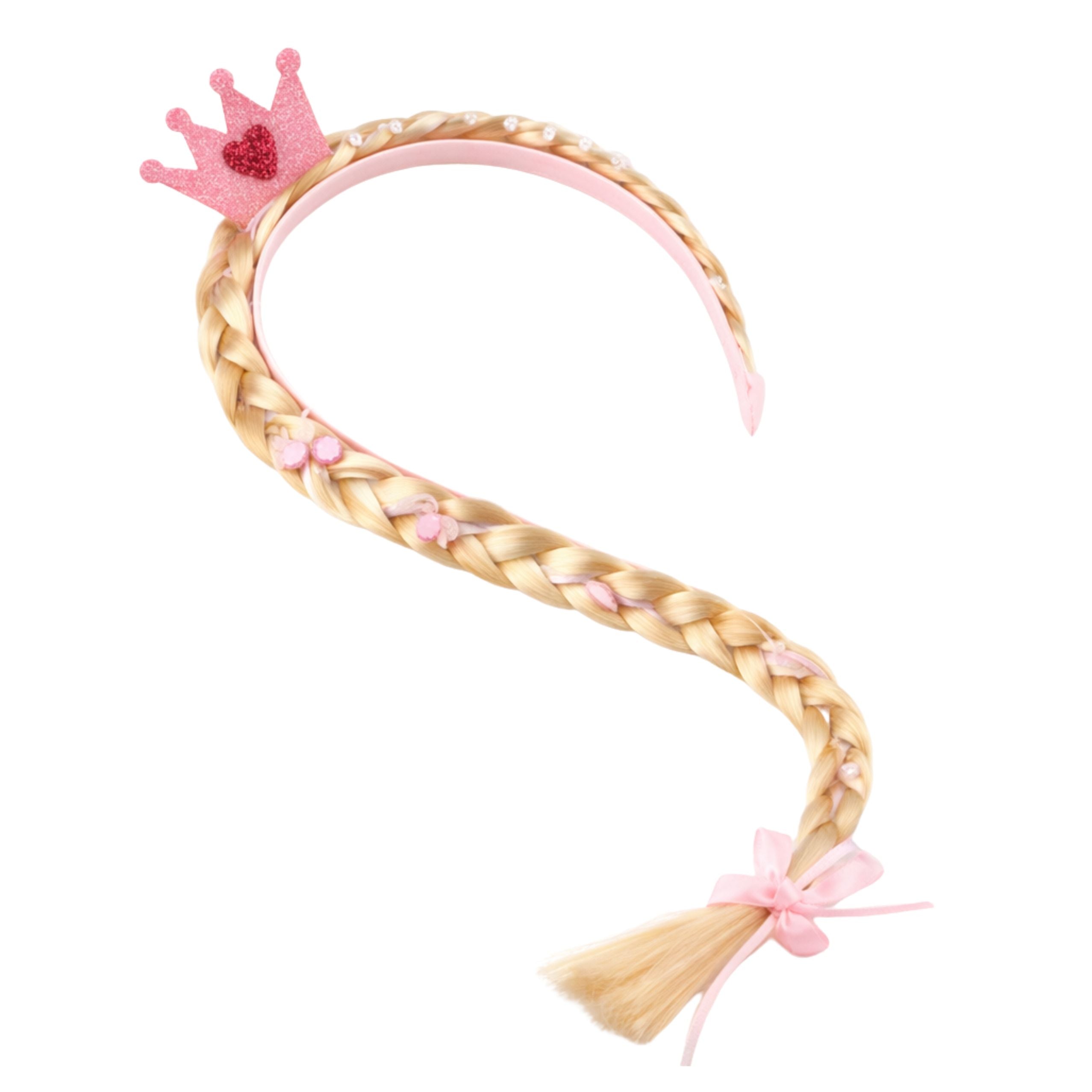 Headband With Long Braid Pink Ribbon Diamonds Crown 50 Cm