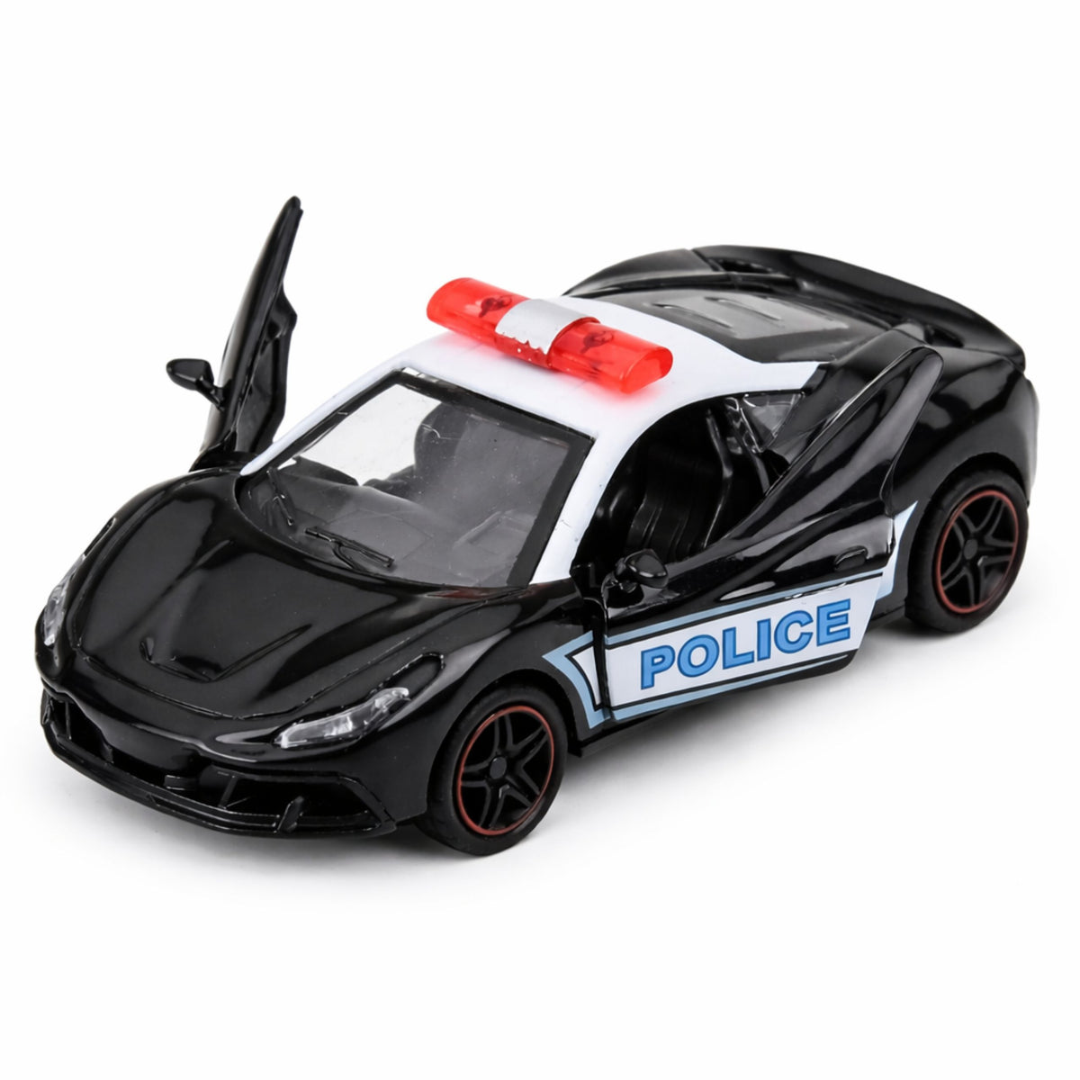 Sports Car Police Car With Motorized Metal Pull-back Black 1:43