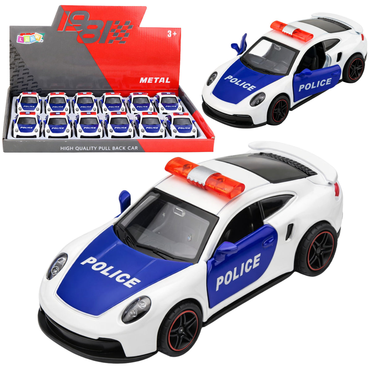Sports Car Police Car With Motorized Metal Pull-back White 1:43