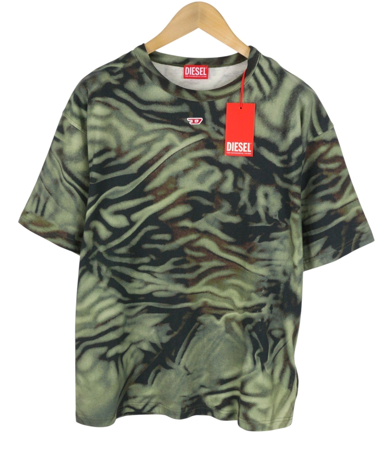 Diesel T-boxt-n3 Men T-shirtgreen Zebra-camo Print Short Sleeve Rrp150