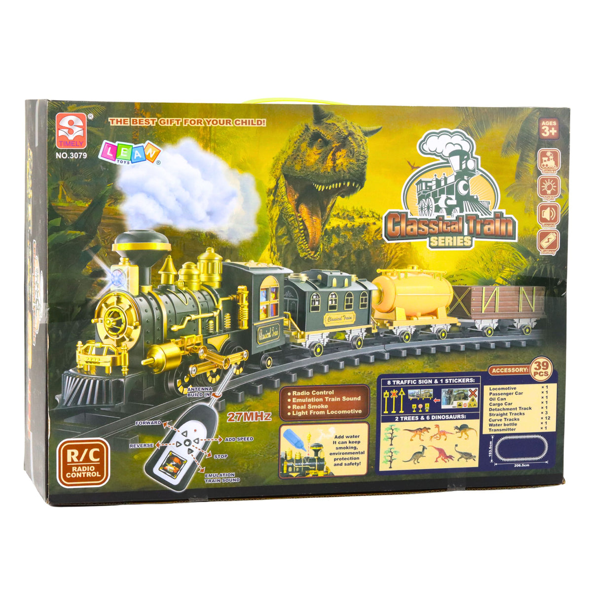 Luzes de dinossauros de trem clássico sons de fumaça 39 unidades.