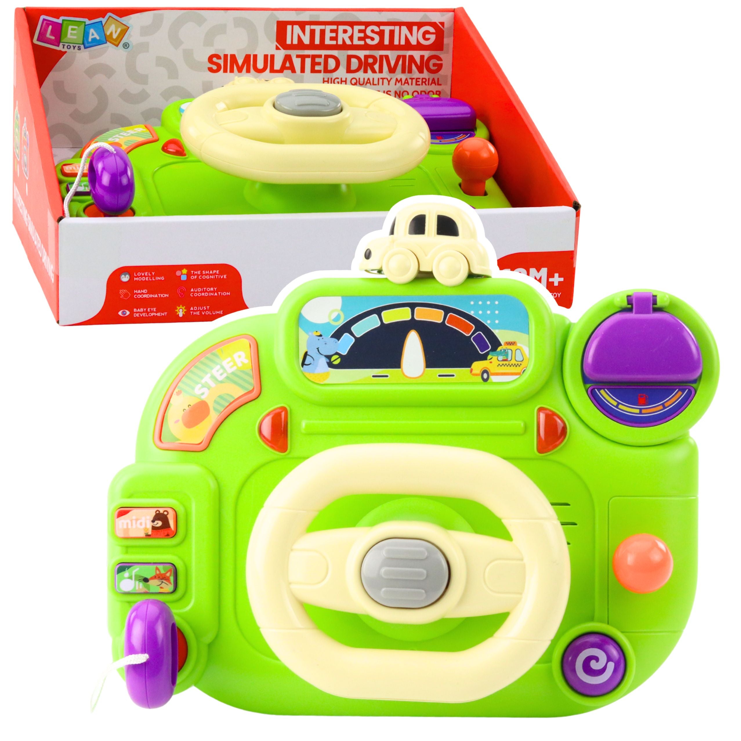 Interactive Steering Wheel For Kids Driving Simulator Lights Sounds Green