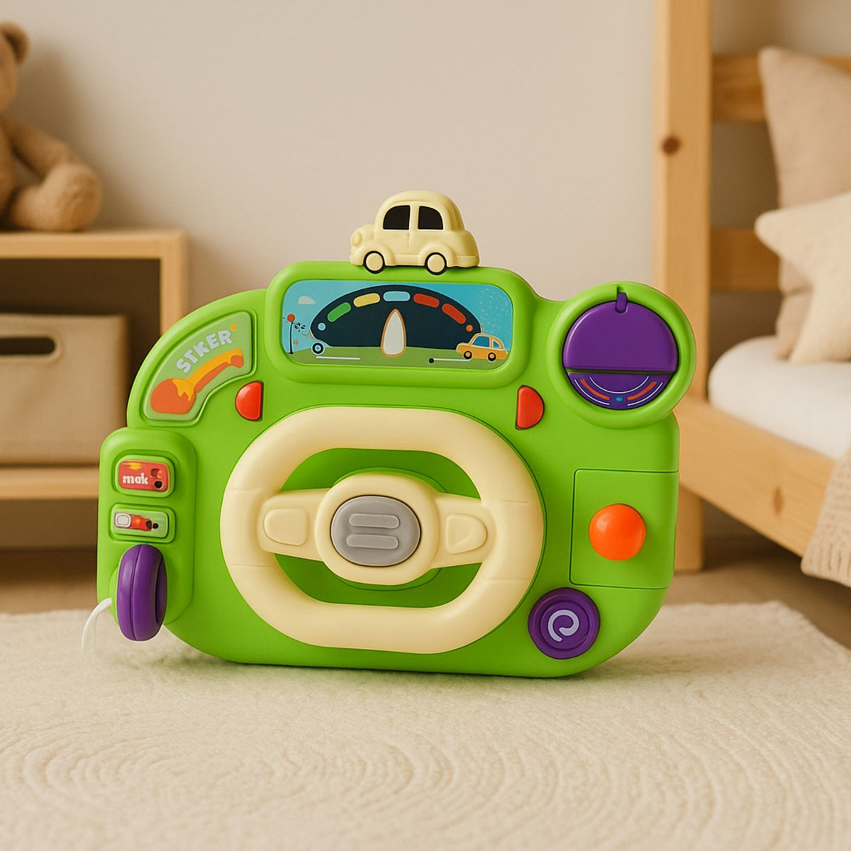 Interactive Steering Wheel For Kids Driving Simulator Lights Sounds Green