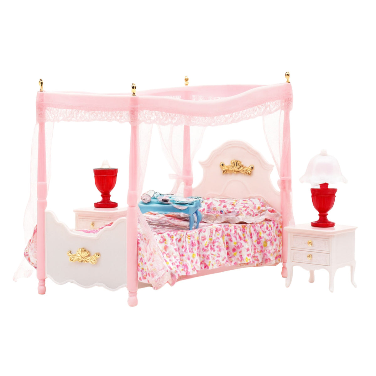 Doll Furniture Set: Canopy Bed Nightstands Lamps