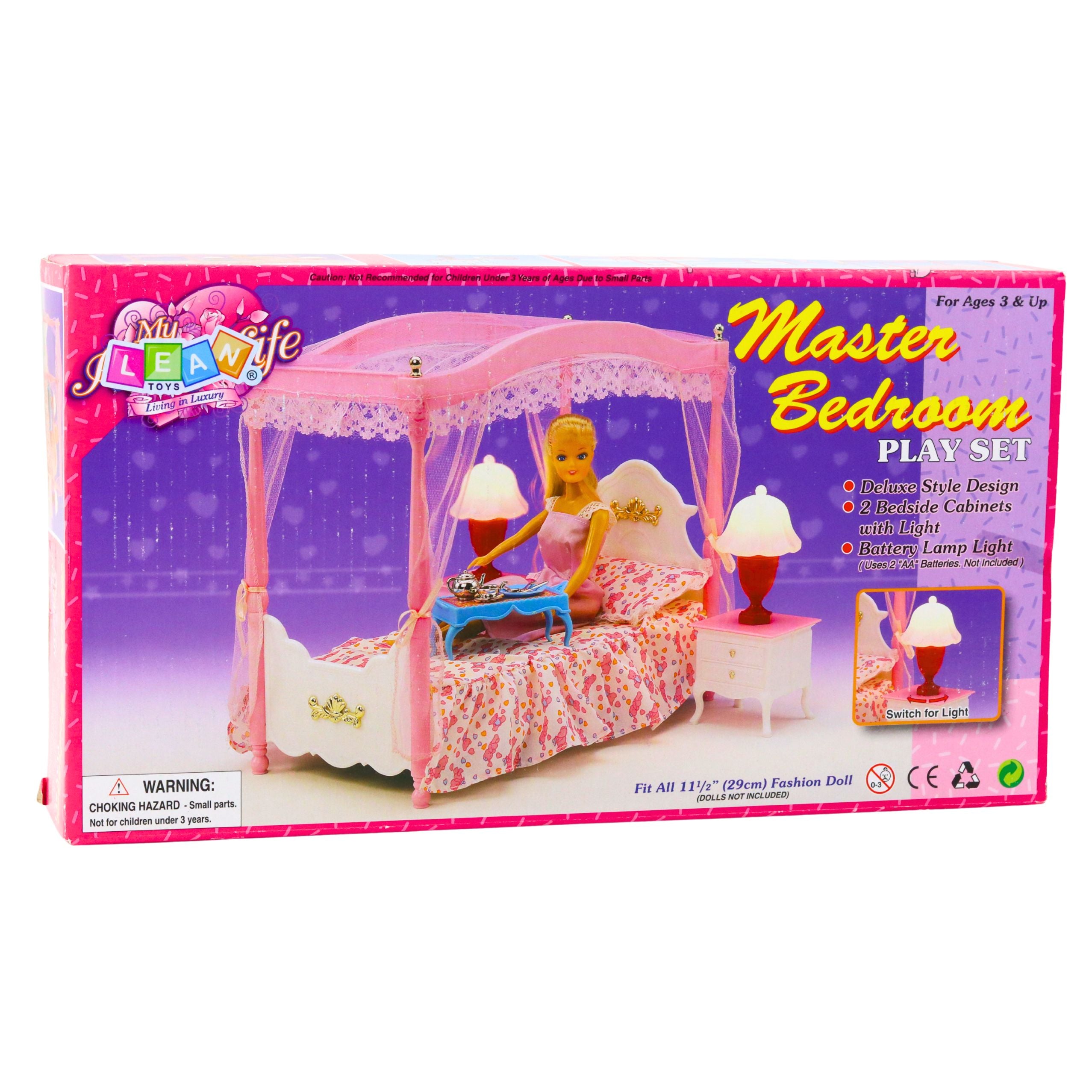 Doll Furniture Set: Canopy Bed Nightstands Lamps