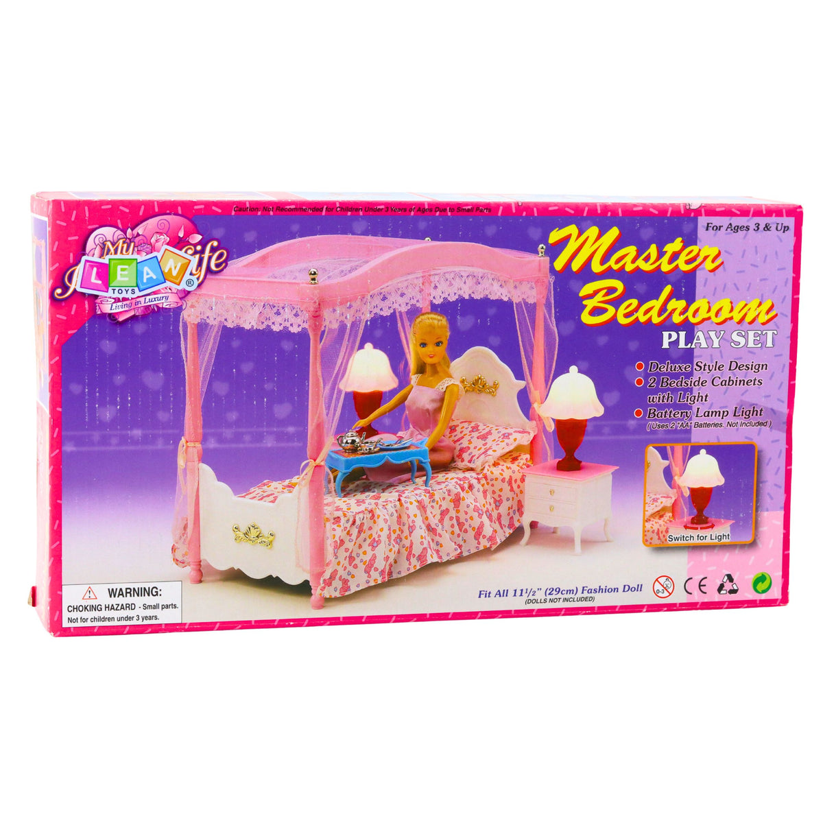 Doll Furniture Set: Canopy Bed Nightstands Lamps