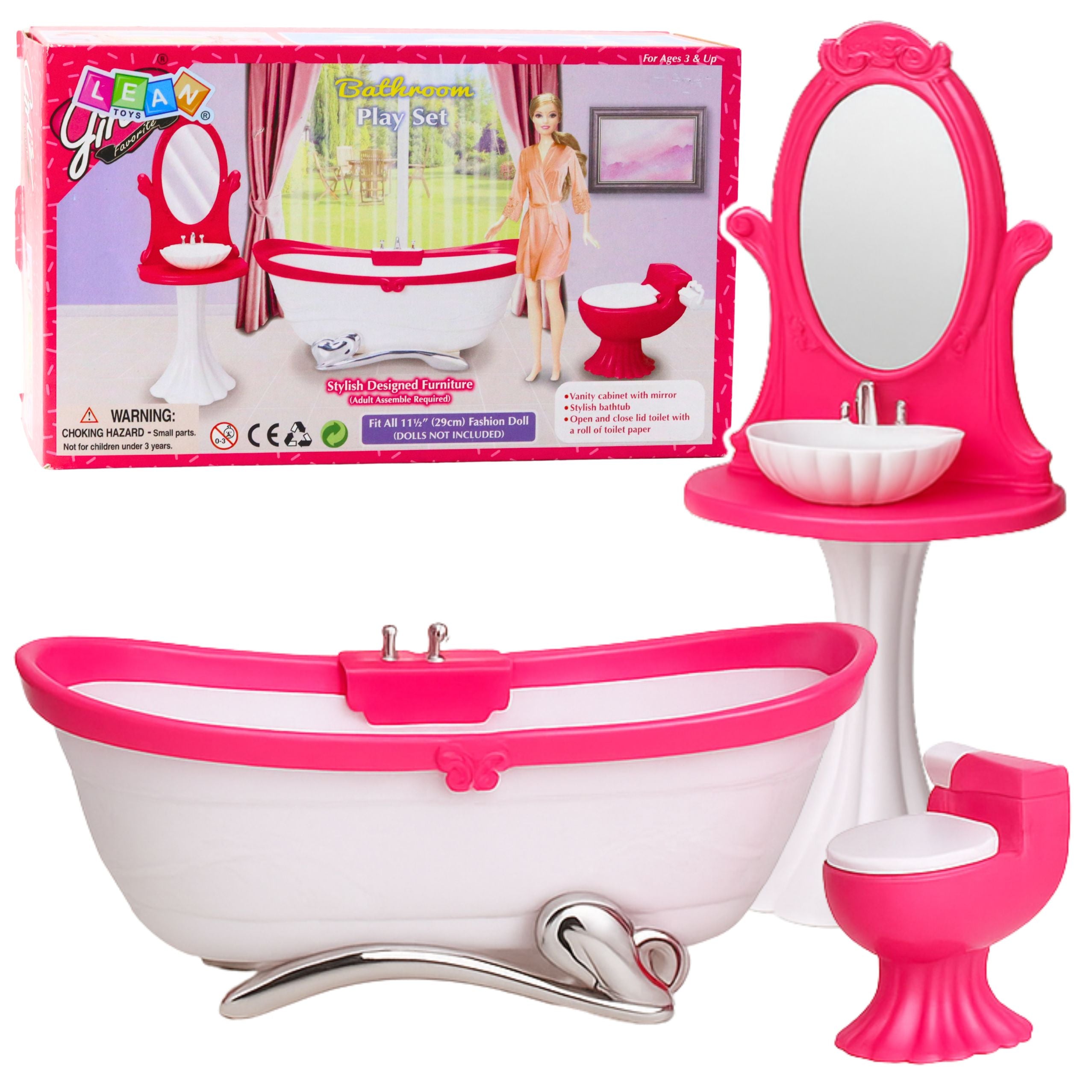 Doll's Bathroom Set: Bathtub Toilet Washbasin With Mirror