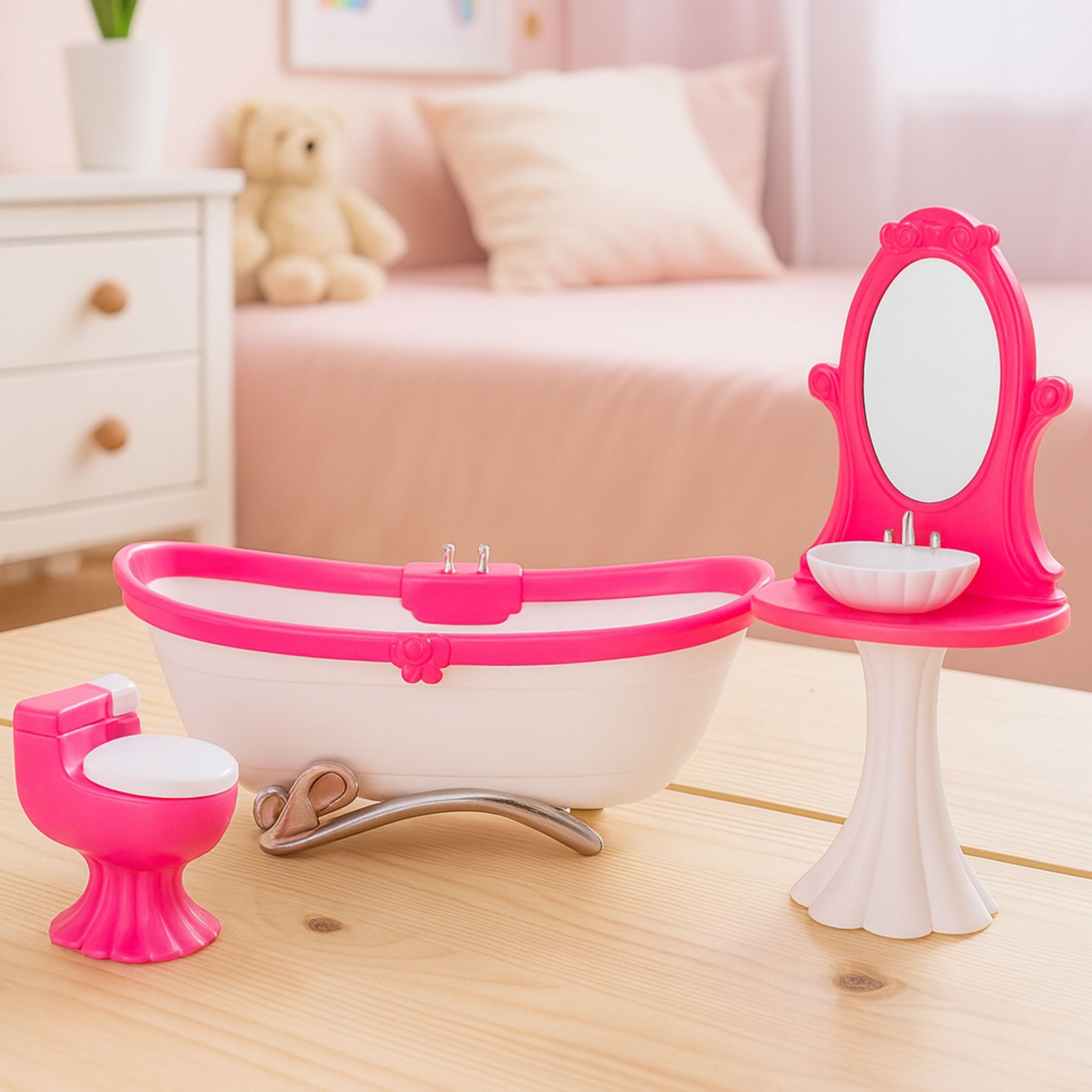 Doll's Bathroom Set: Bathtub Toilet Washbasin With Mirror