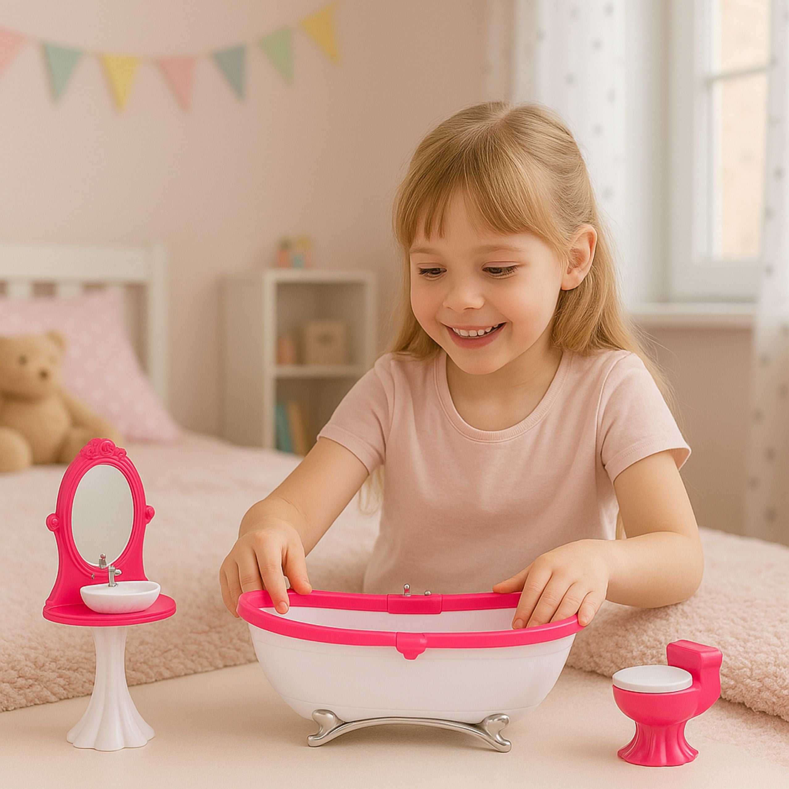 Doll's Bathroom Set: Bathtub Toilet Washbasin With Mirror