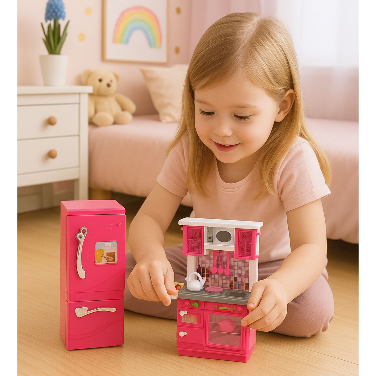 Doll Kitchen Set Fridge Oven Accessories Pink