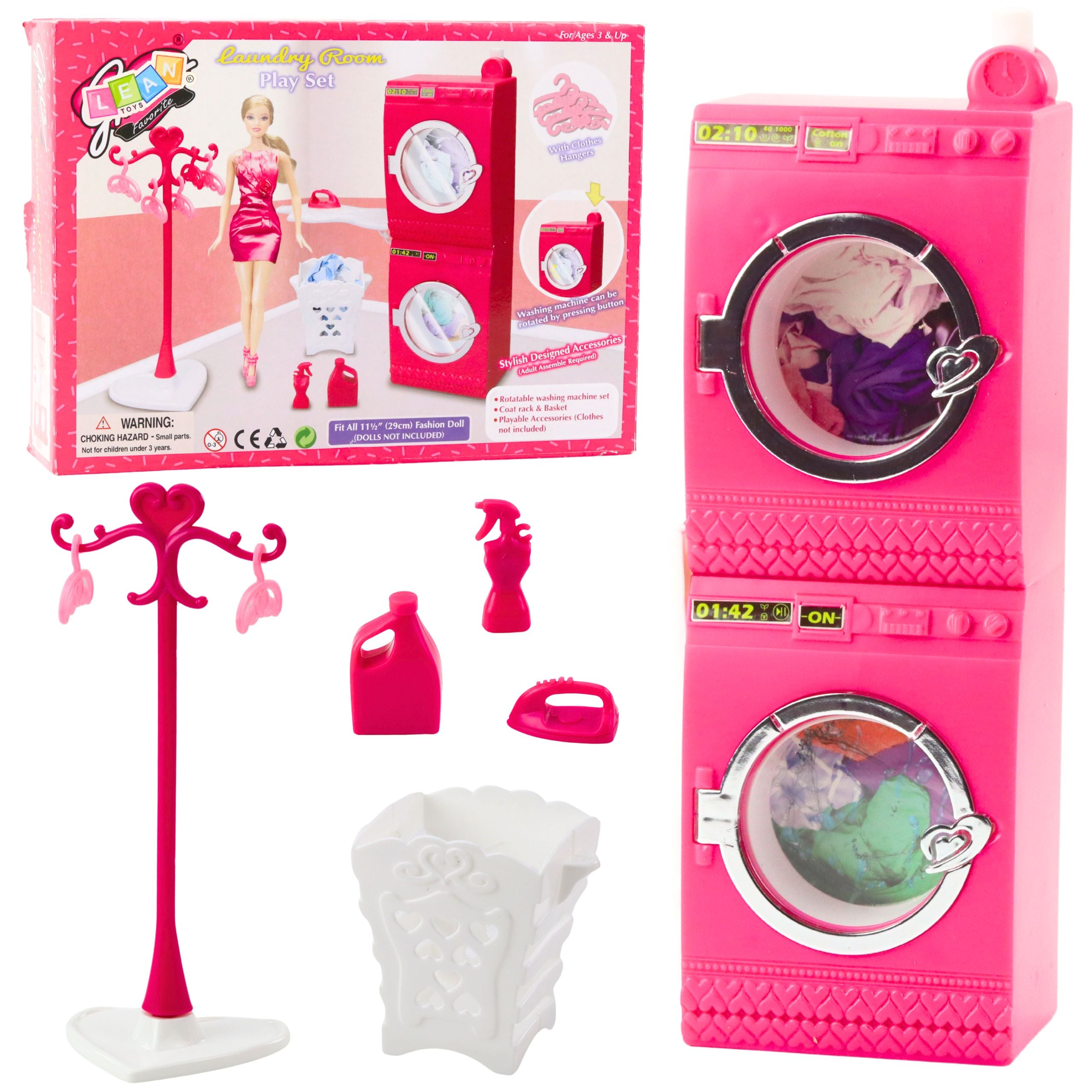 Doll Laundry Set Washing Machine Dryer Hanger Basket Pink