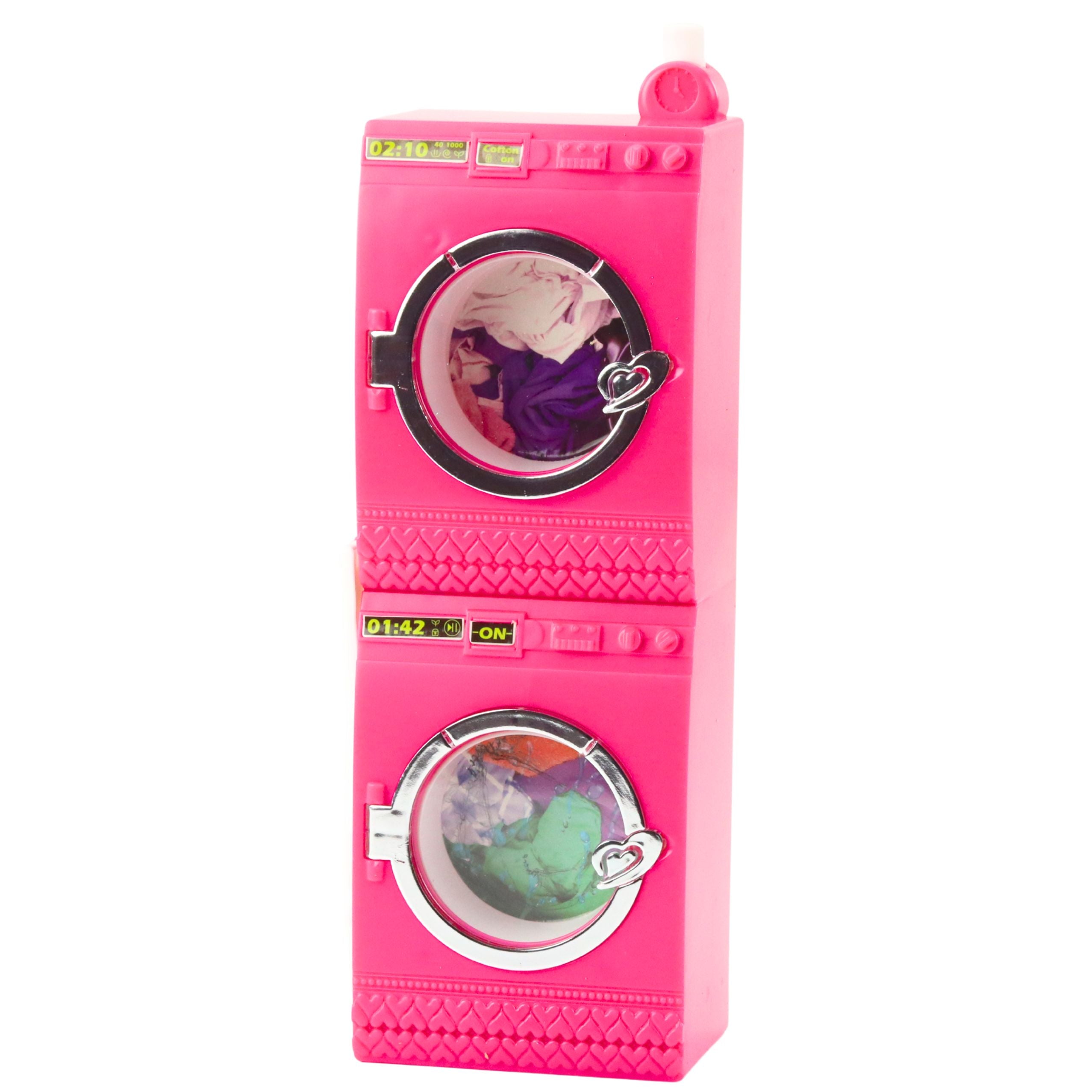 Doll Laundry Set Washing Machine Dryer Hanger Basket Pink