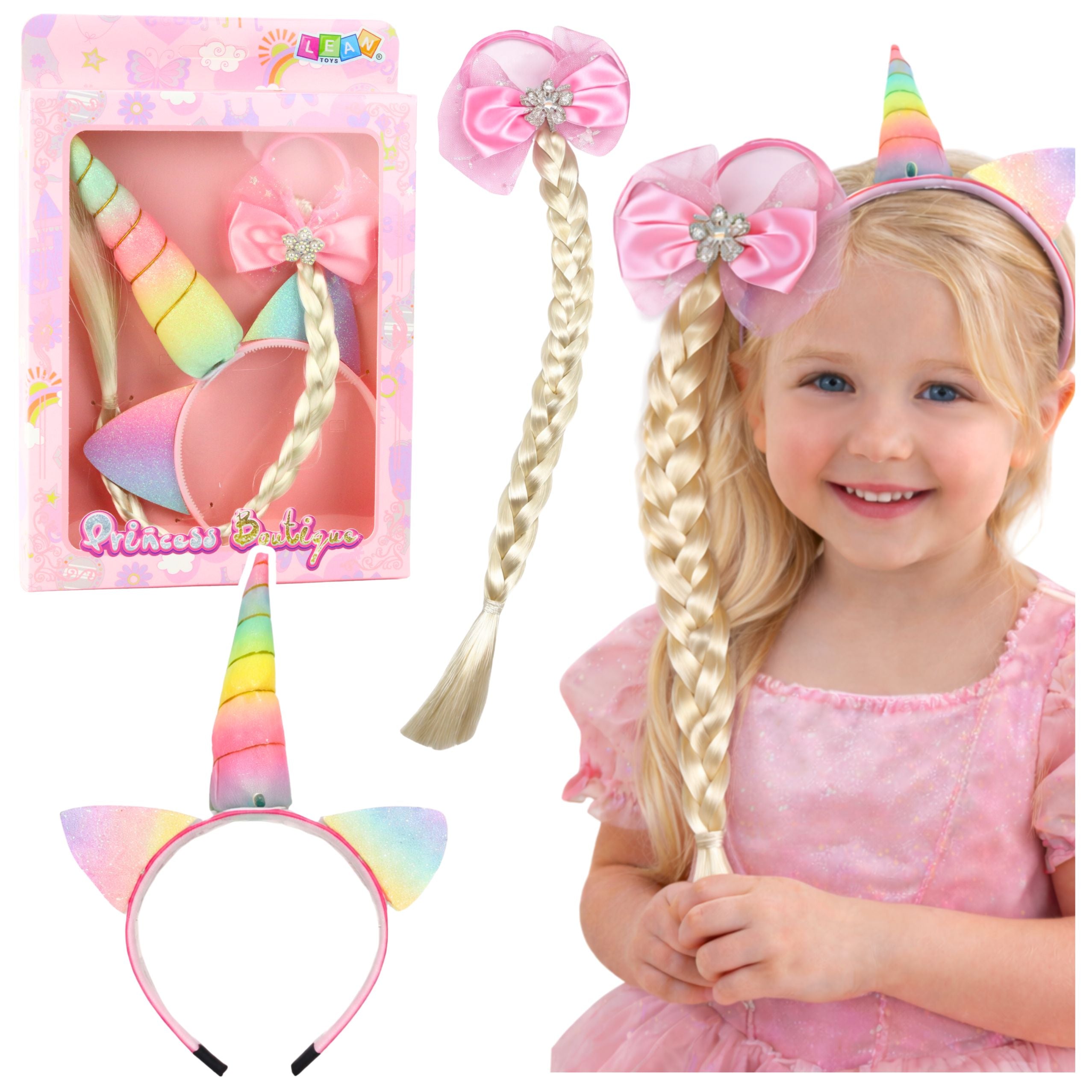 Set Of Unicorn Headband With Braid And Pastel Bow