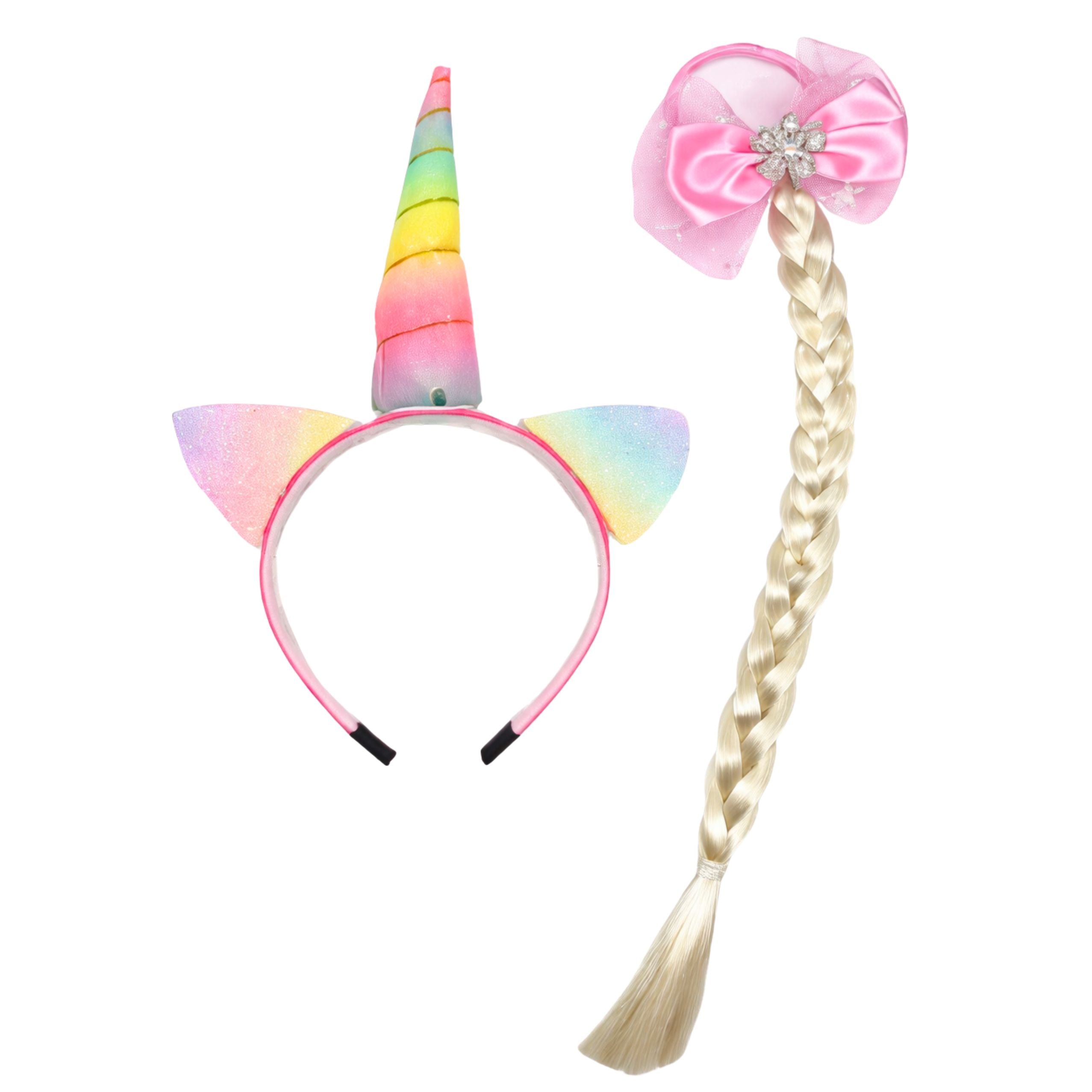 Set Of Unicorn Headband With Braid And Pastel Bow