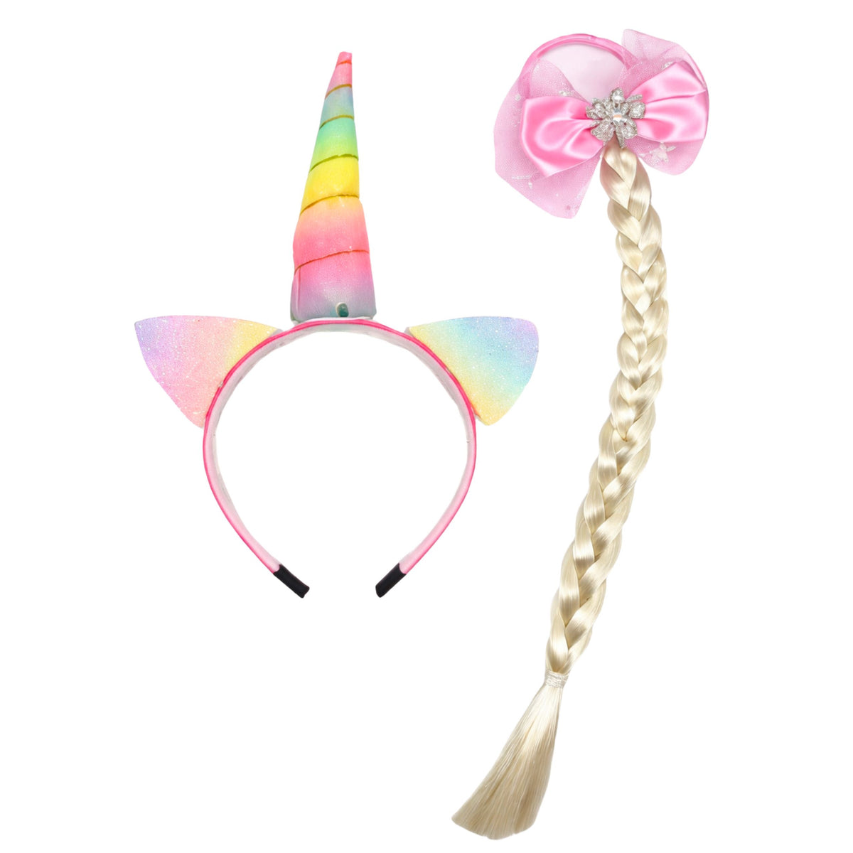 Set Of Unicorn Headband With Braid And Pastel Bow