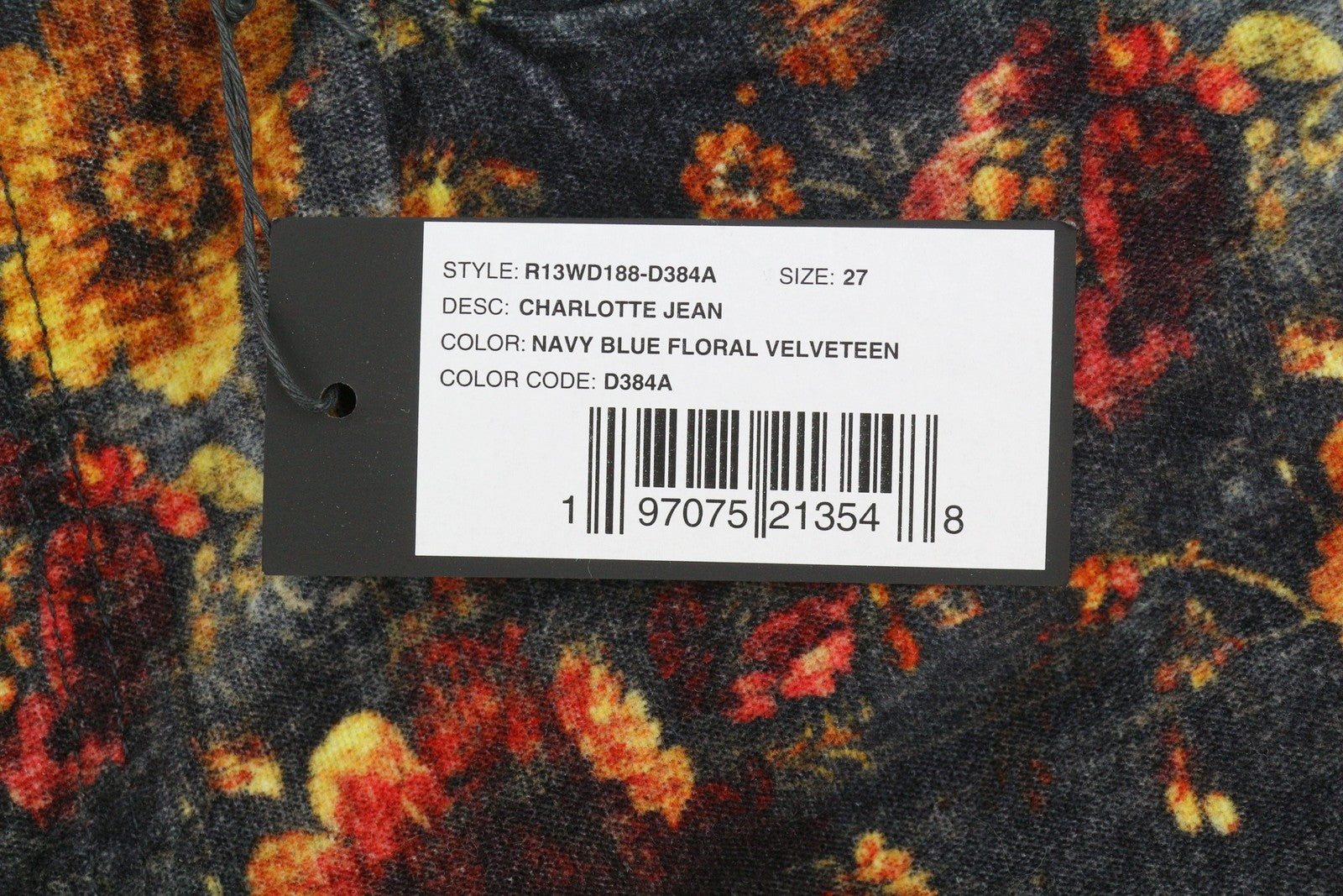 R13 Charlotte női nadrág 27 sötétkék virágos bársony velúr magas emelkedés Rrp895