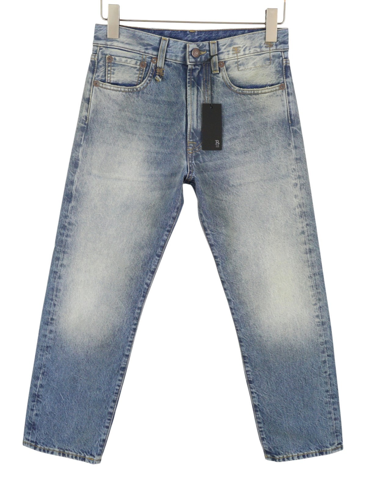R13 Boyfriend Women Jeans 24 Jasper Straight Cropped Whiskers Faded Blue Pf26