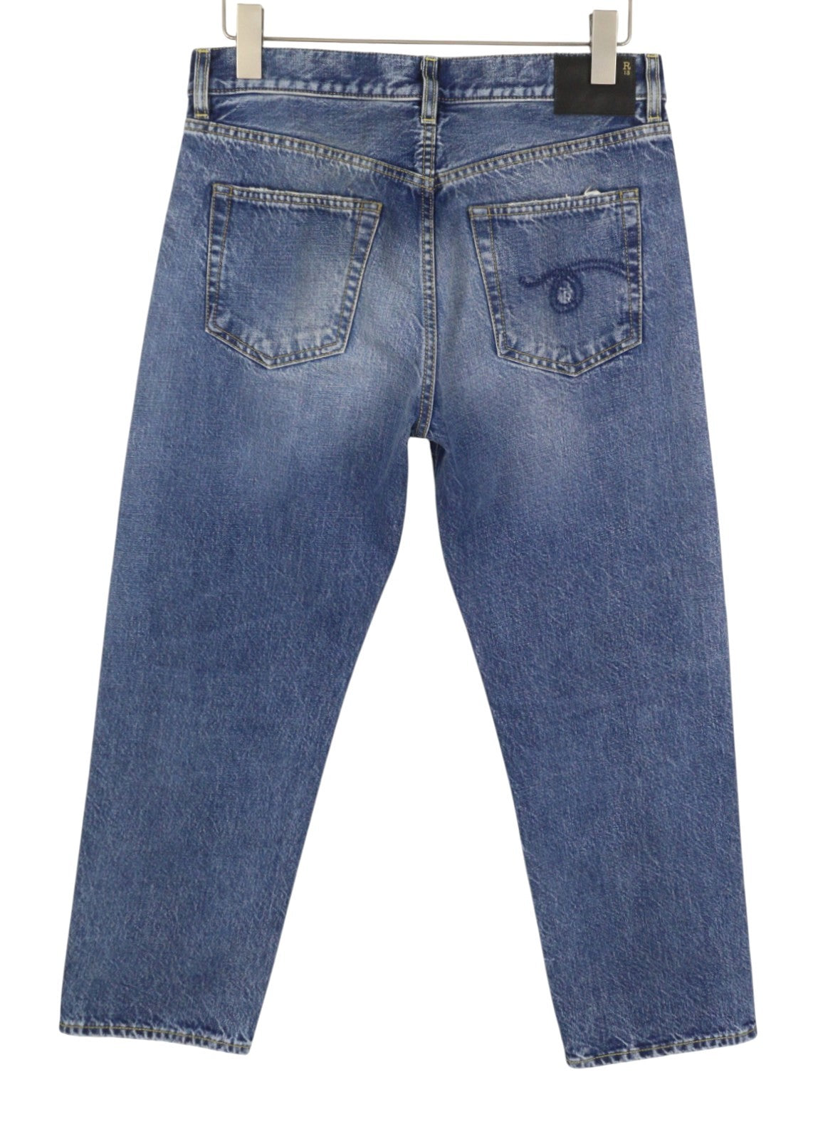 Calça jeans feminina R13 Romeo 28 Hutton Blue Bigodes desbotada reta cortada Pf26