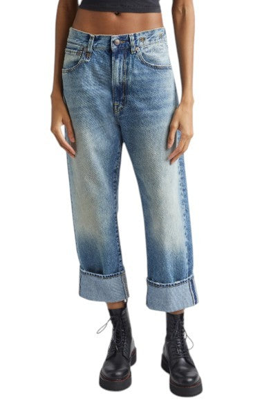 R13 Jeans X-bf con risvolto Donna 31 Jasper Cropped Whiskers Blu sbiadito Pf26