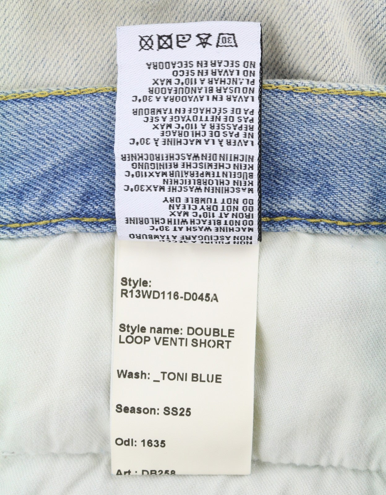 Pantaloncini da donna R13 Double Loop Venti 27 Toni Blu sbiadito baffi piega denim