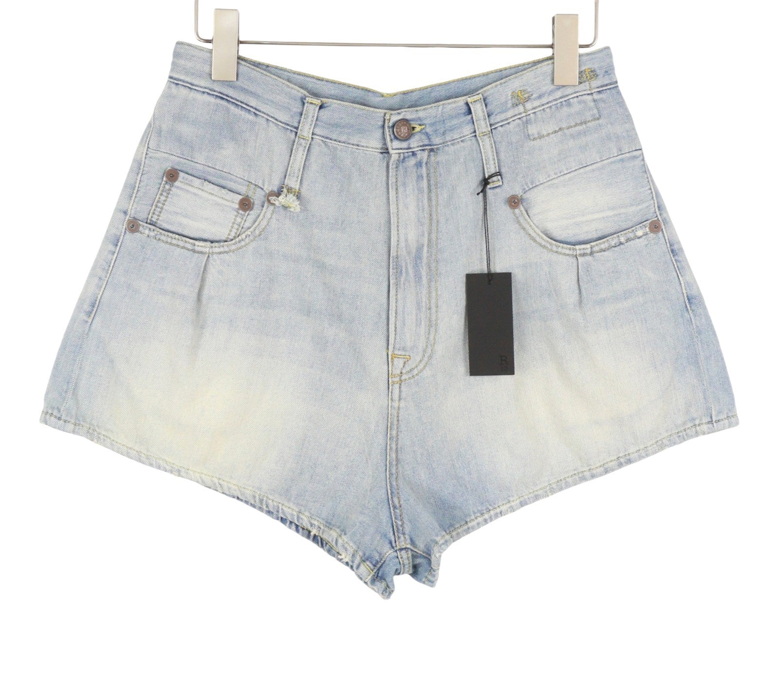 Pantaloncini da donna R13 Double Loop Venti 27 Toni Blu sbiadito baffi piega denim