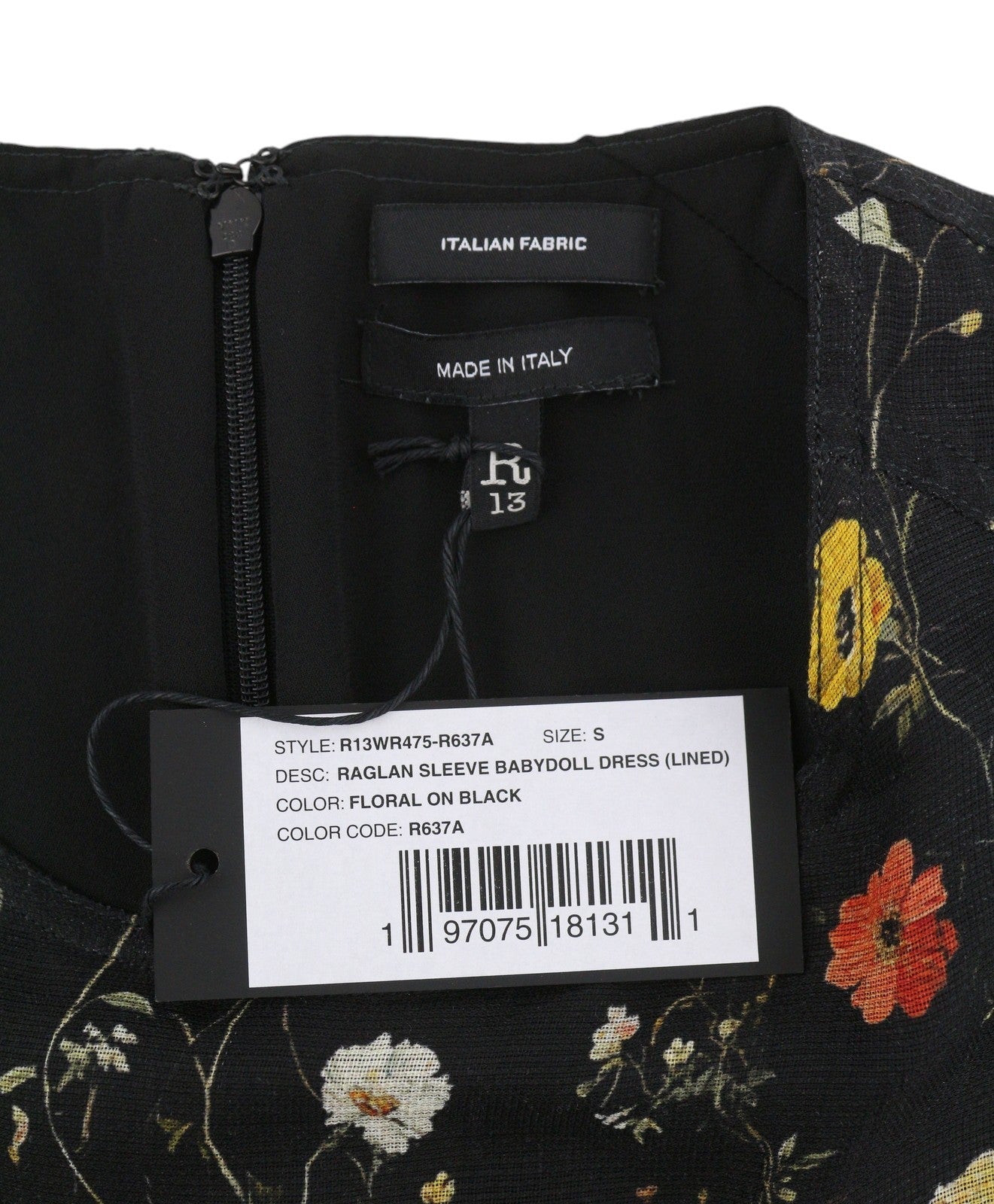 R13 Raglan Sleeve Babydoll Kvinder Dresswool Silke Floral On Black Mini Rrp1299