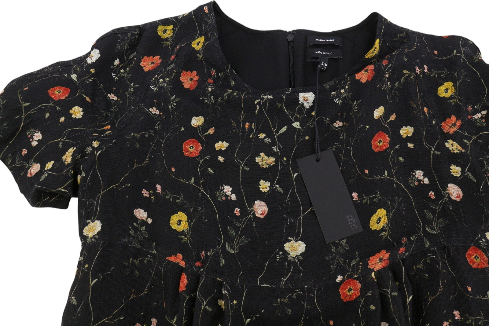 R13 Raglan Sleeve Babydoll Kvinder Dresswool Silke Floral On Black Mini Rrp1299