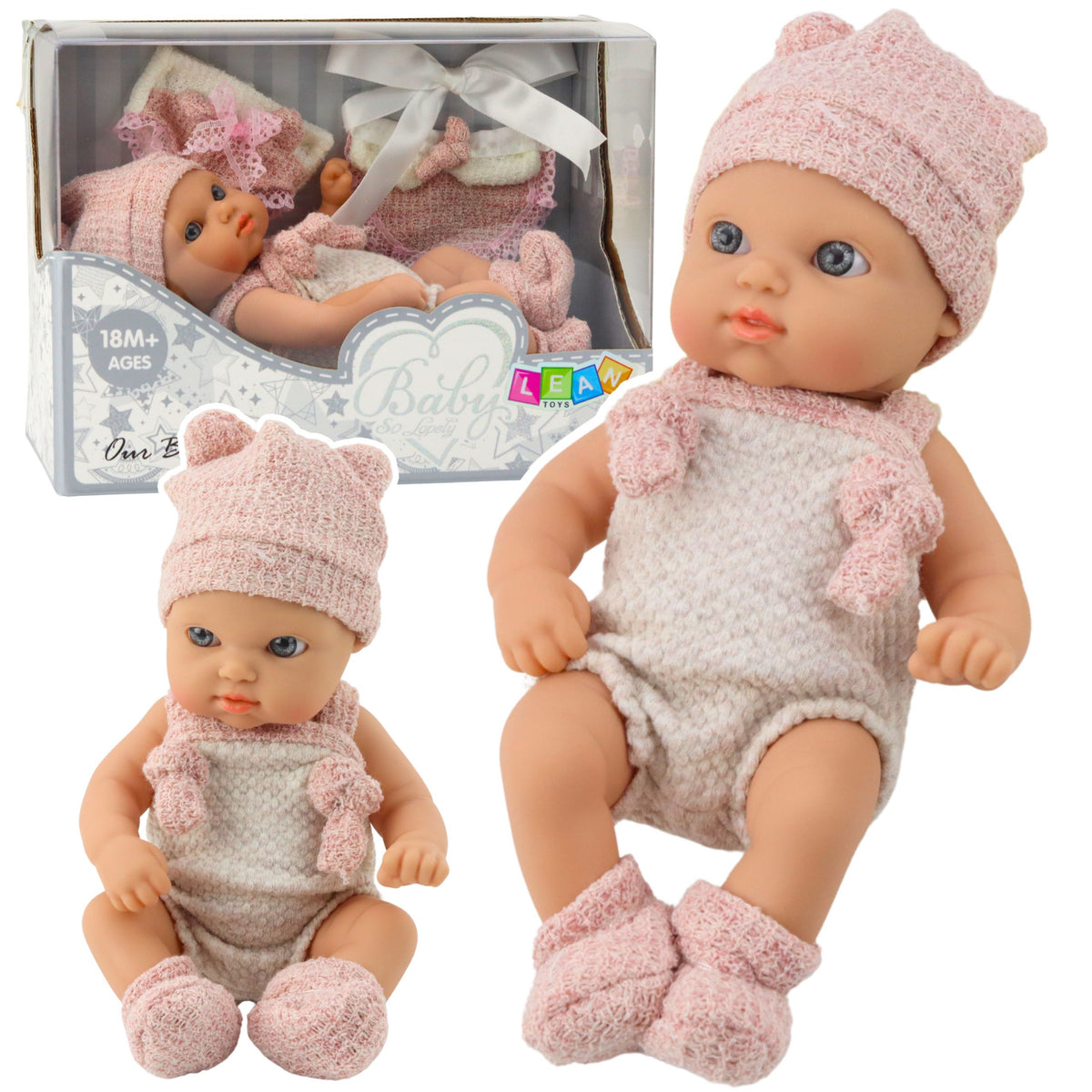 Rosa Outfit für Babypuppen, Mütze, Lätzchen, 18 cm
