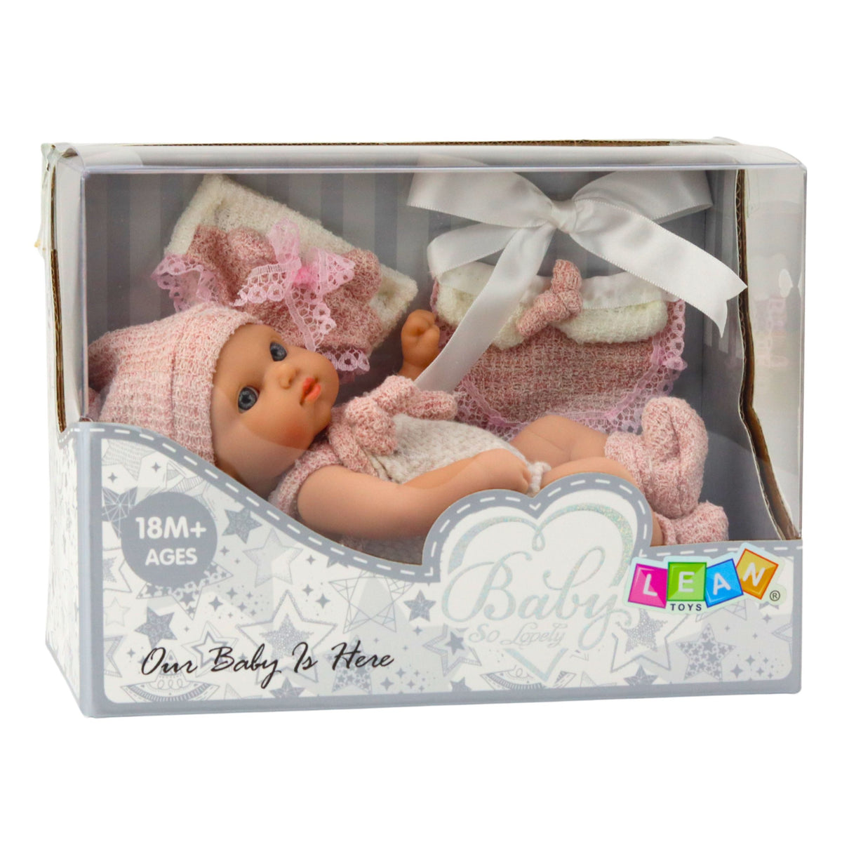 Rosa Outfit für Babypuppen, Mütze, Lätzchen, 18 cm