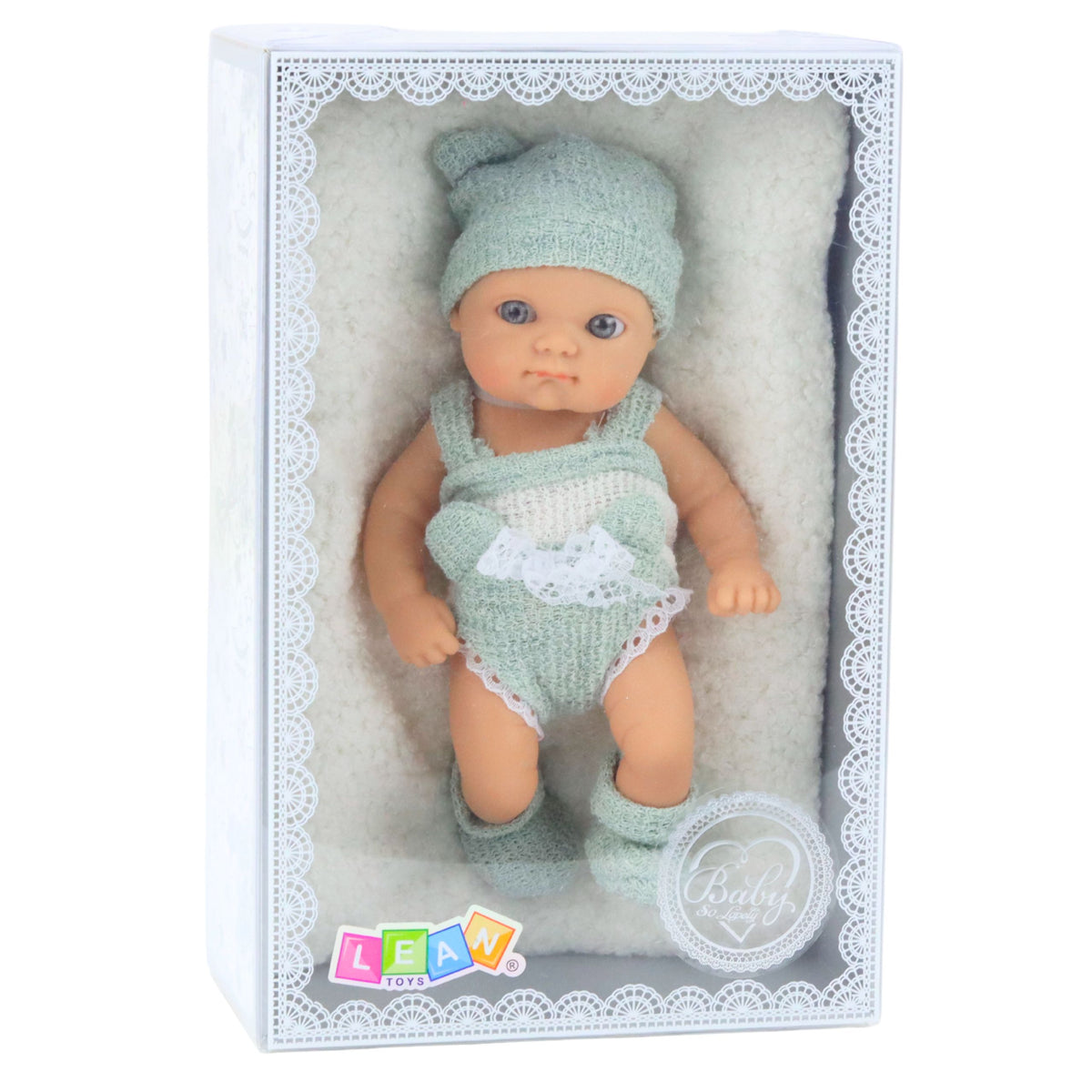 Baby Doll With Blanket White And Gray Outfit Hat 18 Cm