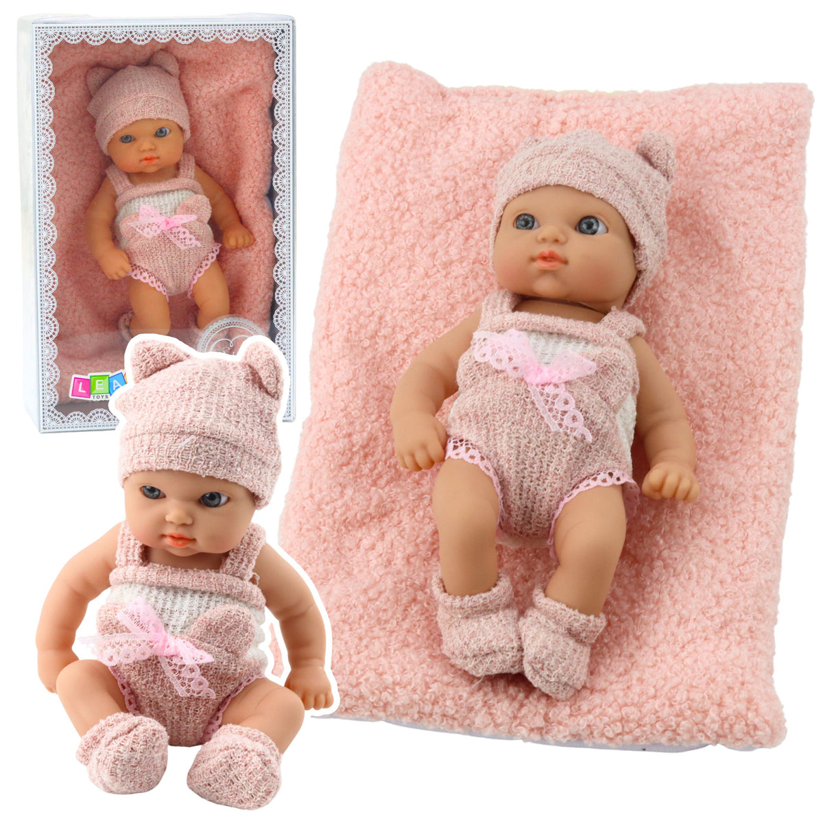 Baby Doll With Blanket White And Pink Clothes Hat 18 Cm