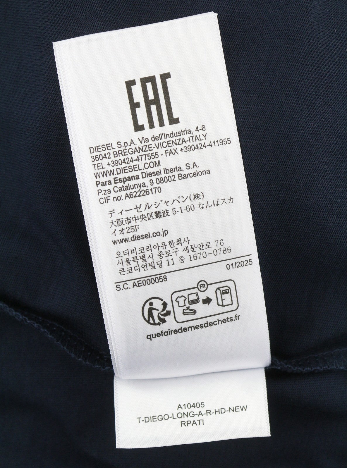 Diesel T-diego-long-a-r-hd pánské tričko 2xl tmavě modrá Crew Neck Tah