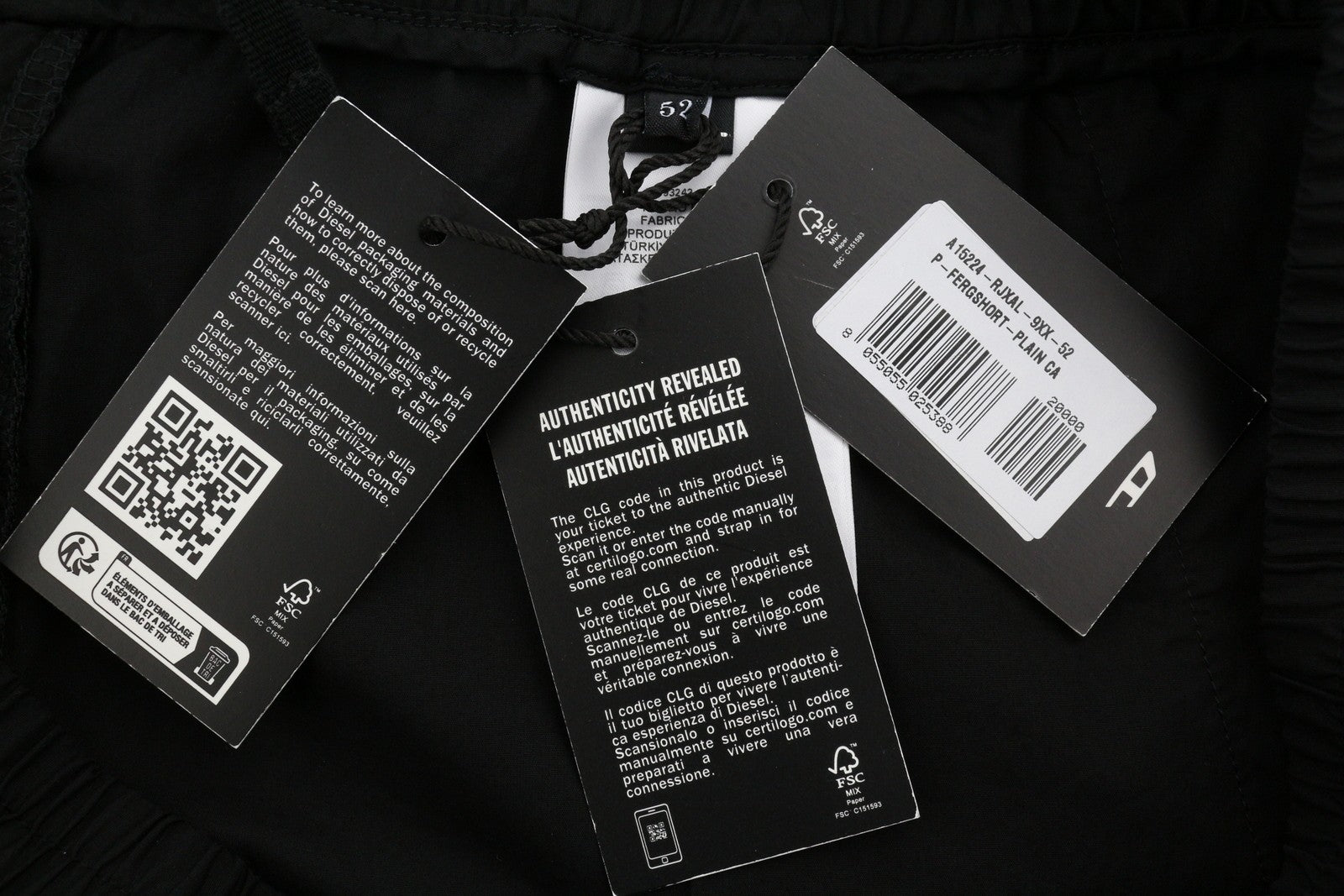 Diesel P-fergshort-plain Men Shorts 52black Elastic Drawstring Waist Rrp175