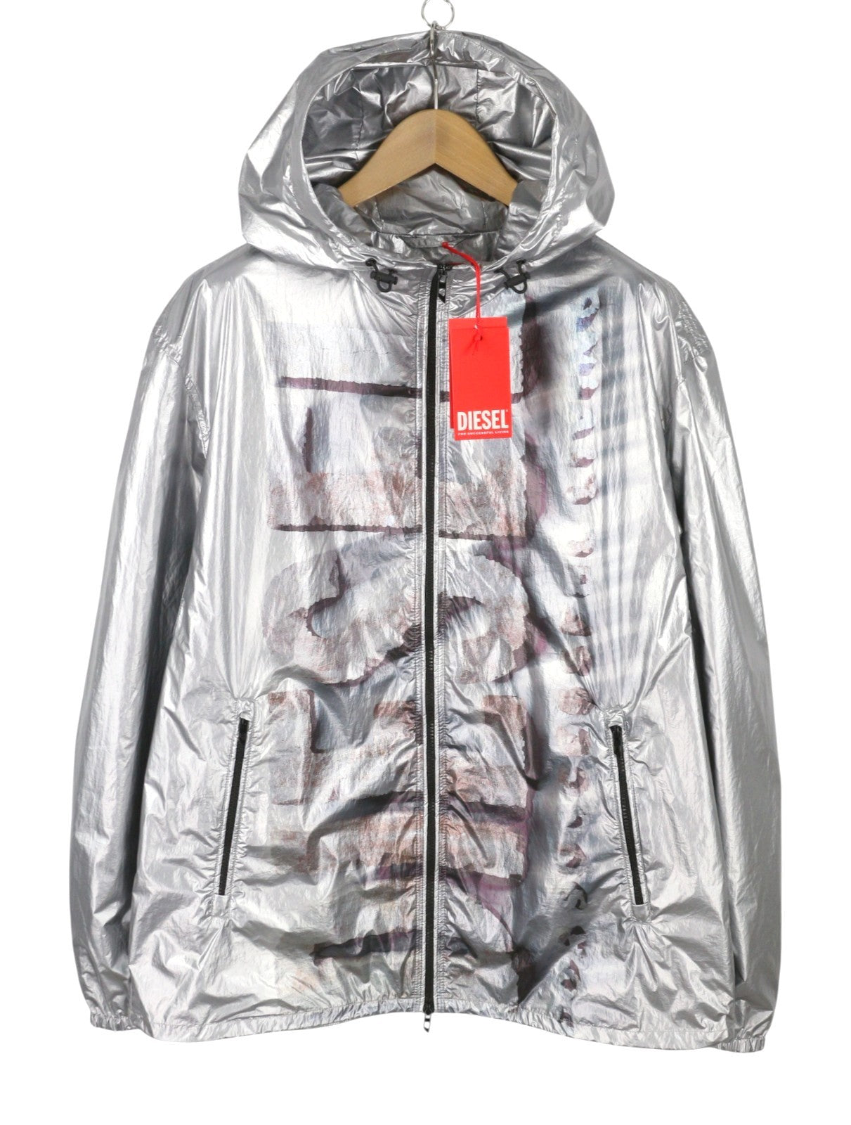 Díosal J-otte Fir Jacketshiny Silver Hooded Windbreaker Éadrom Rrp295