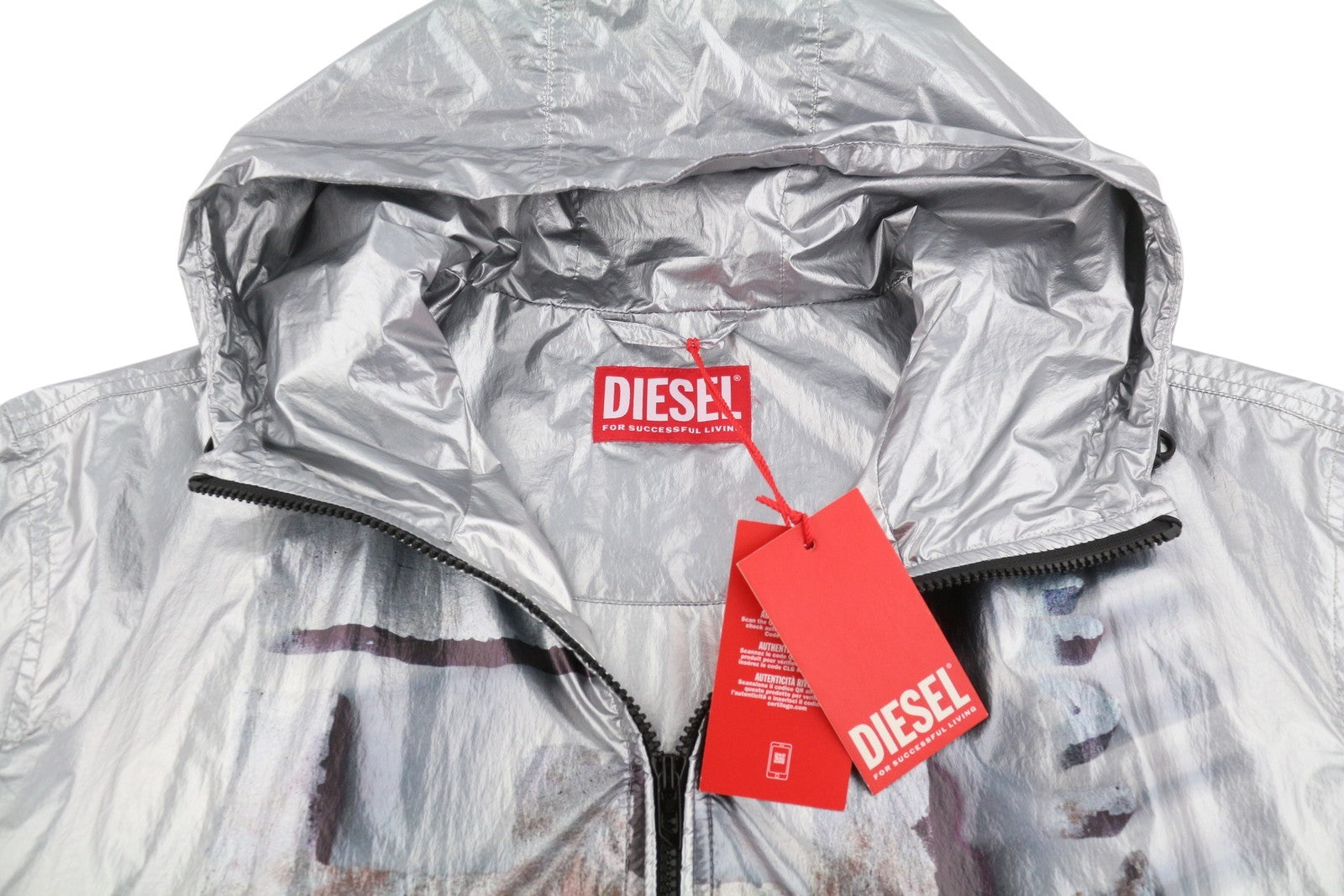 Díosal J-otte Fir Jacketshiny Silver Hooded Windbreaker Éadrom Rrp295