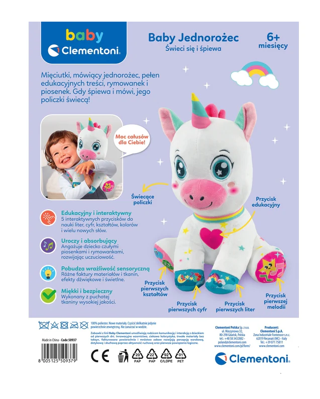 Sweet Interactive Plush Unicorn Lights & Sings Polish Language Clementoni 50937